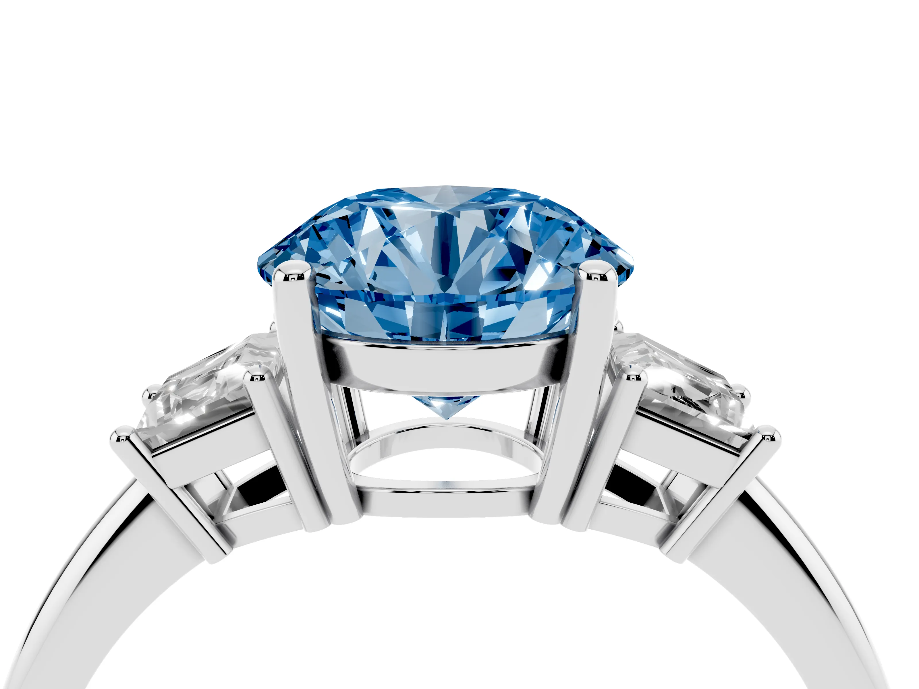 Fancy Blue Round Cut Diamond Three-Stone Ring Set in Silver with Trapezoid Side Stones and Prong Setting