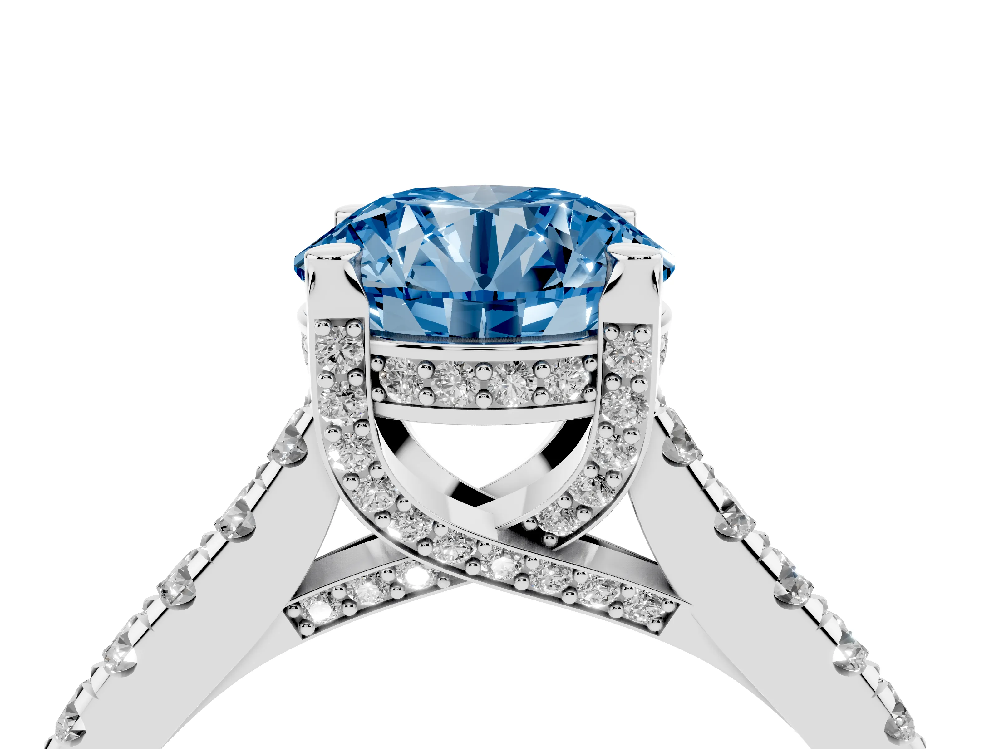 Fancy Blue Round Cut Diamond Solitaire Ring Set in Platinum with Brilliant Pavé Band and Prong Setting