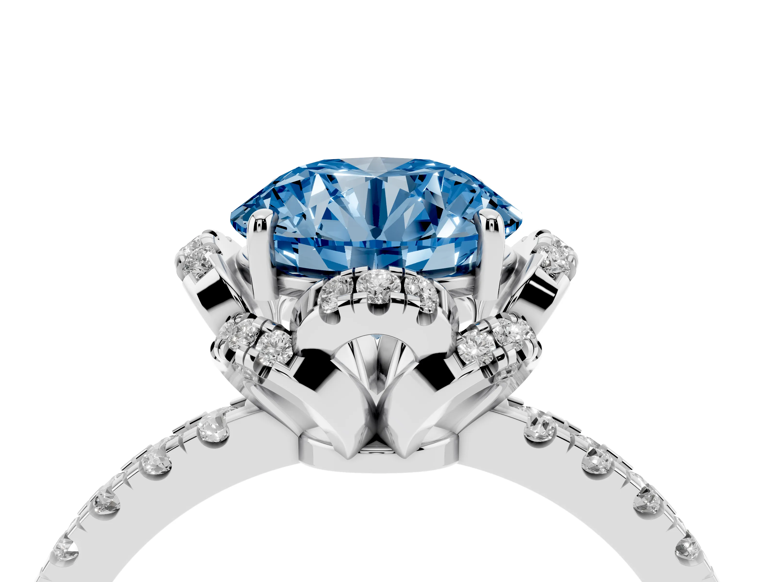Fancy Blue Round Cut Diamond Halo Pavé Band Ring Set in Platinum with Prong-Held Center