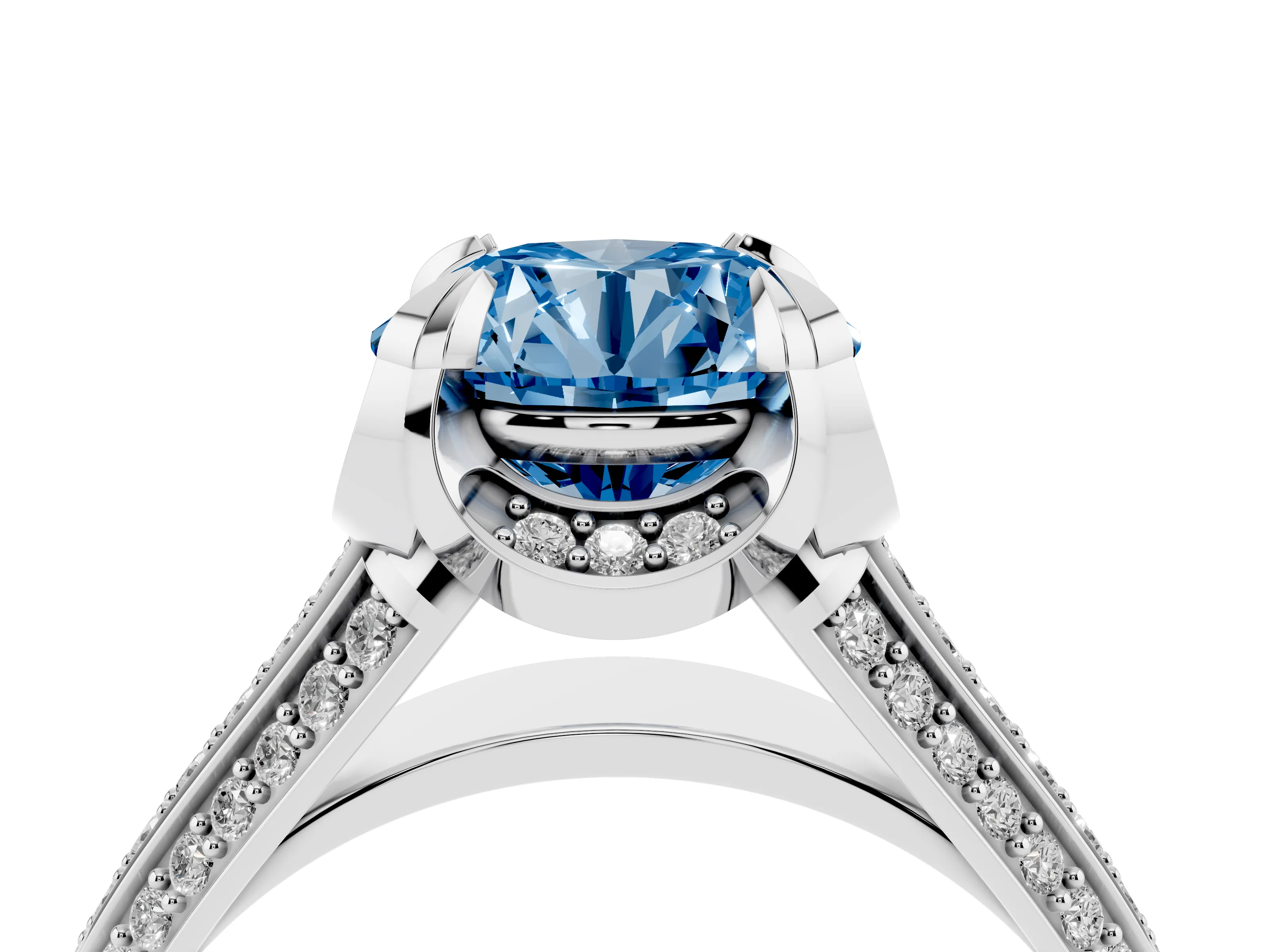Fancy Blue Round Cut Diamond Pavé Split Shank Solitaire Ring Set in White gold with Prong Setting