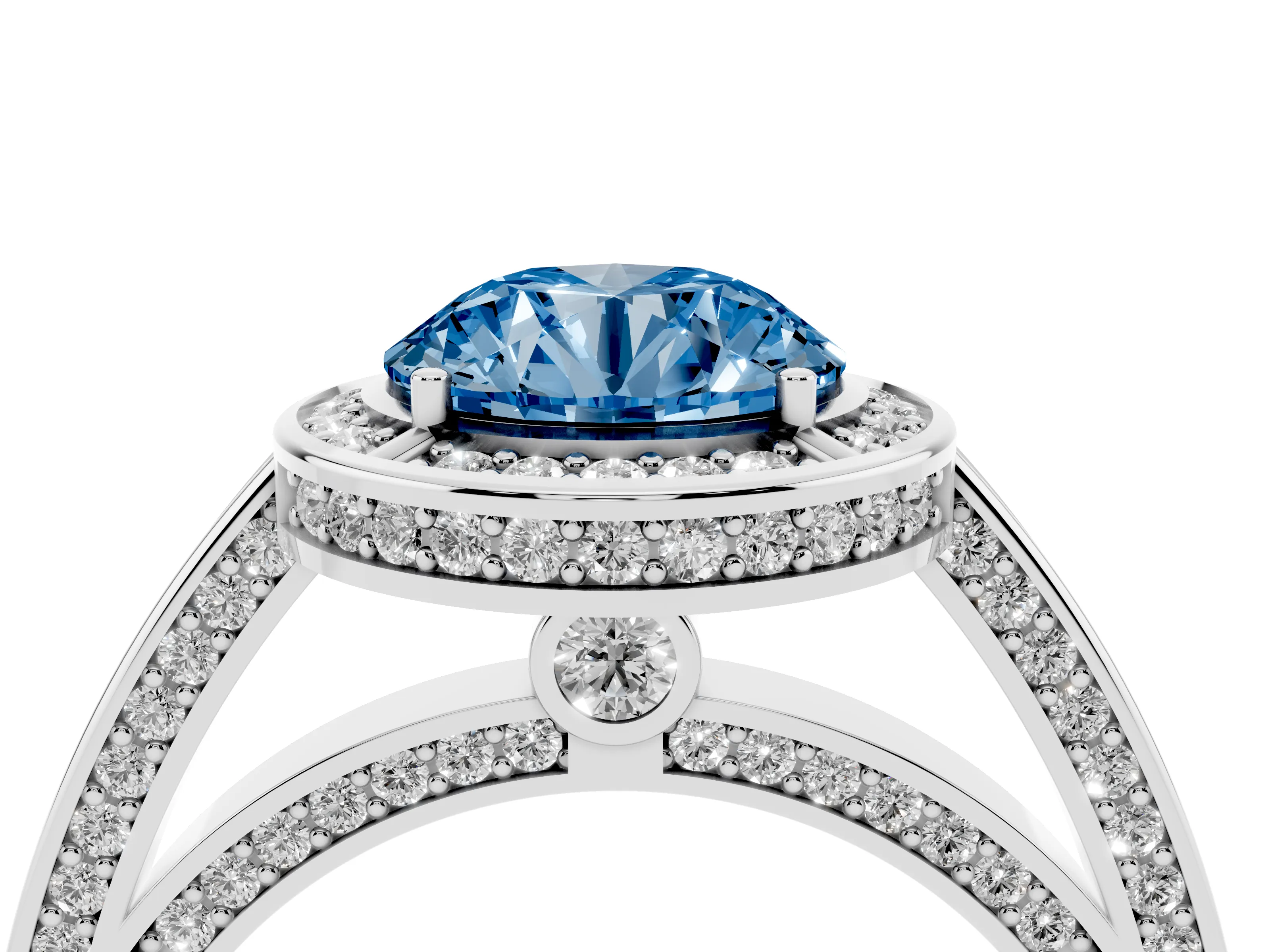 Fancy Blue Round Cut Diamond Halo Pavé Split Shank Ring Set in Platinum with Prong Setting