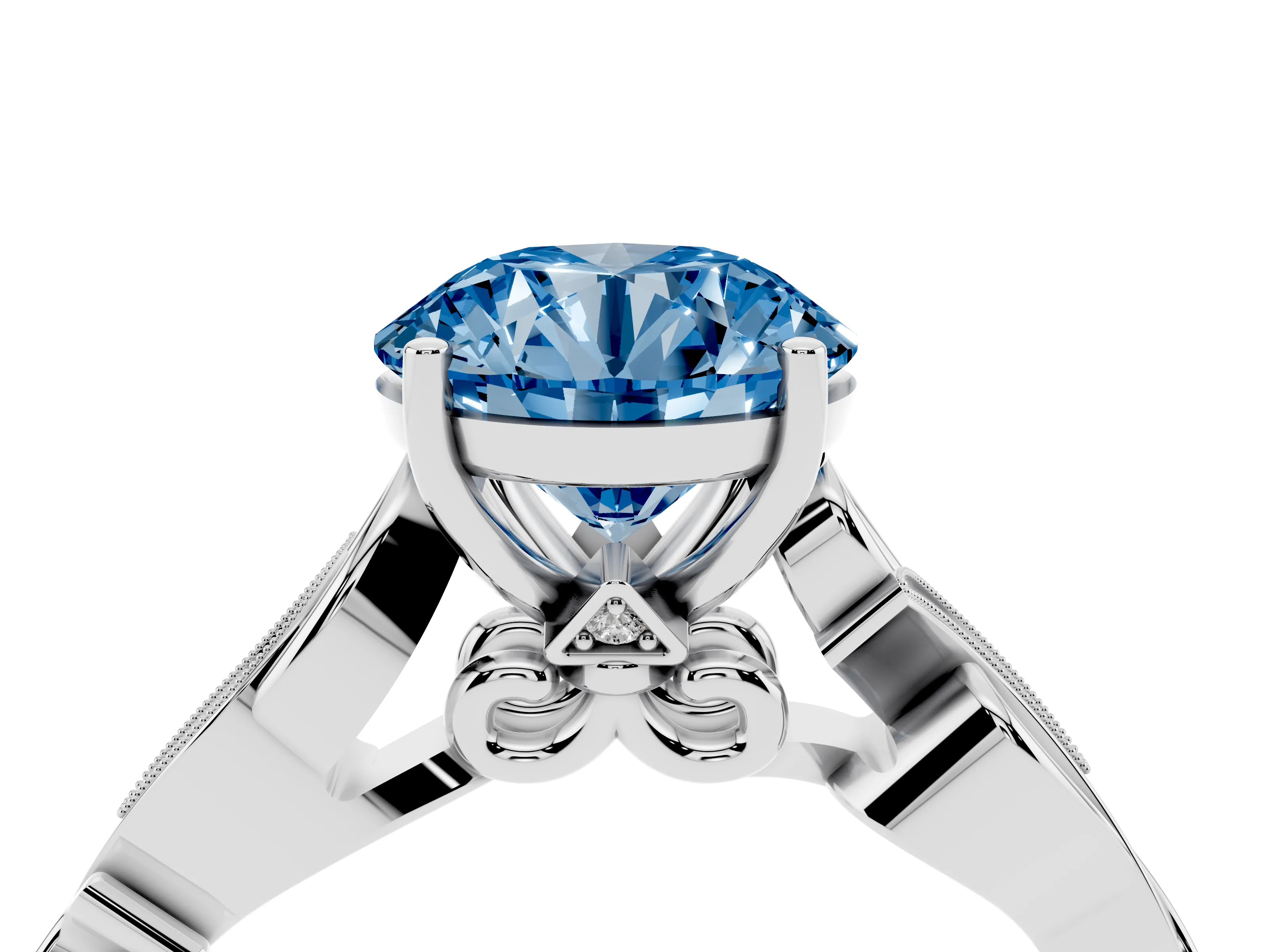 Fancy Blue Round Cut Diamond Vine Band Solitaire Ring Set in Platinum with Milgrain Prong Setting