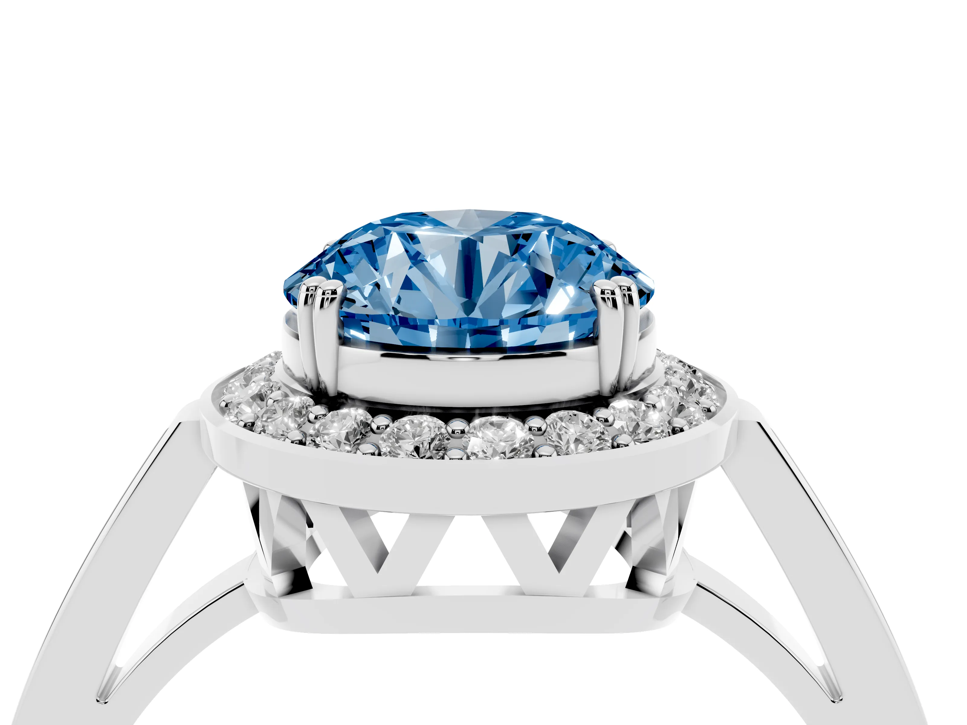 Fancy Blue Round Cut Diamond Halo Ring Set in Silver with Accent-Lined Split Shank and Prong Setting
