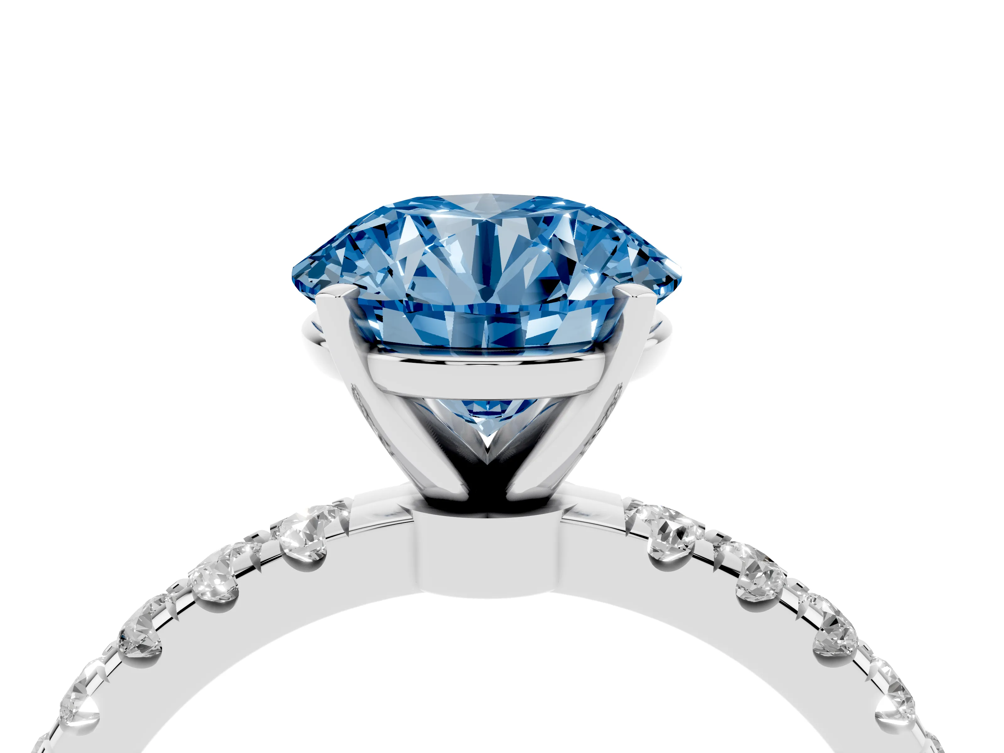 Fancy Blue Round Cut Diamond Solitaire Ring Set in Silver with Pavé Accents and Prong Setting