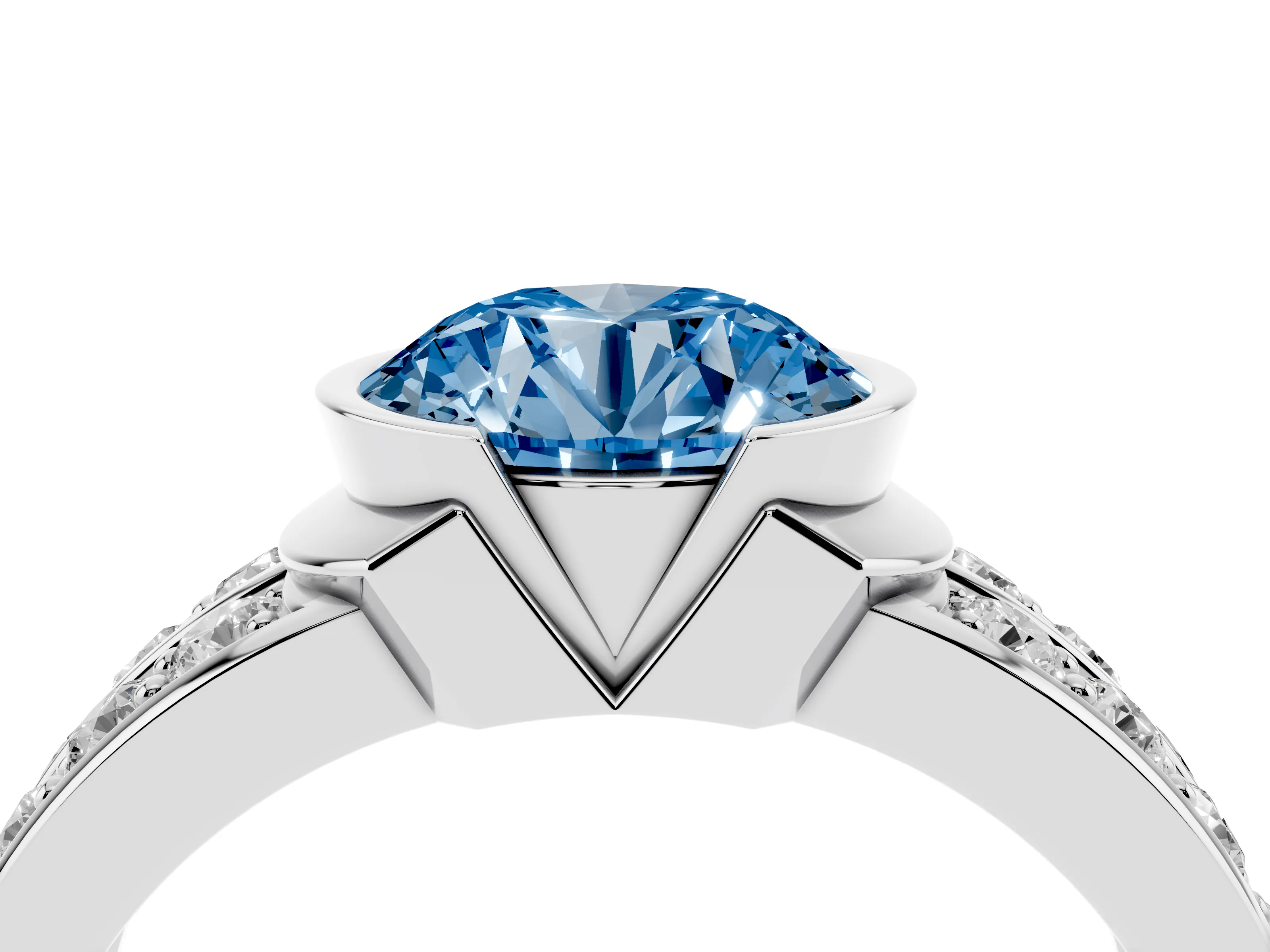 Fancy Blue Round Cut Diamond Wide Channel Set Band Ring Set in White gold with Bezel Setting