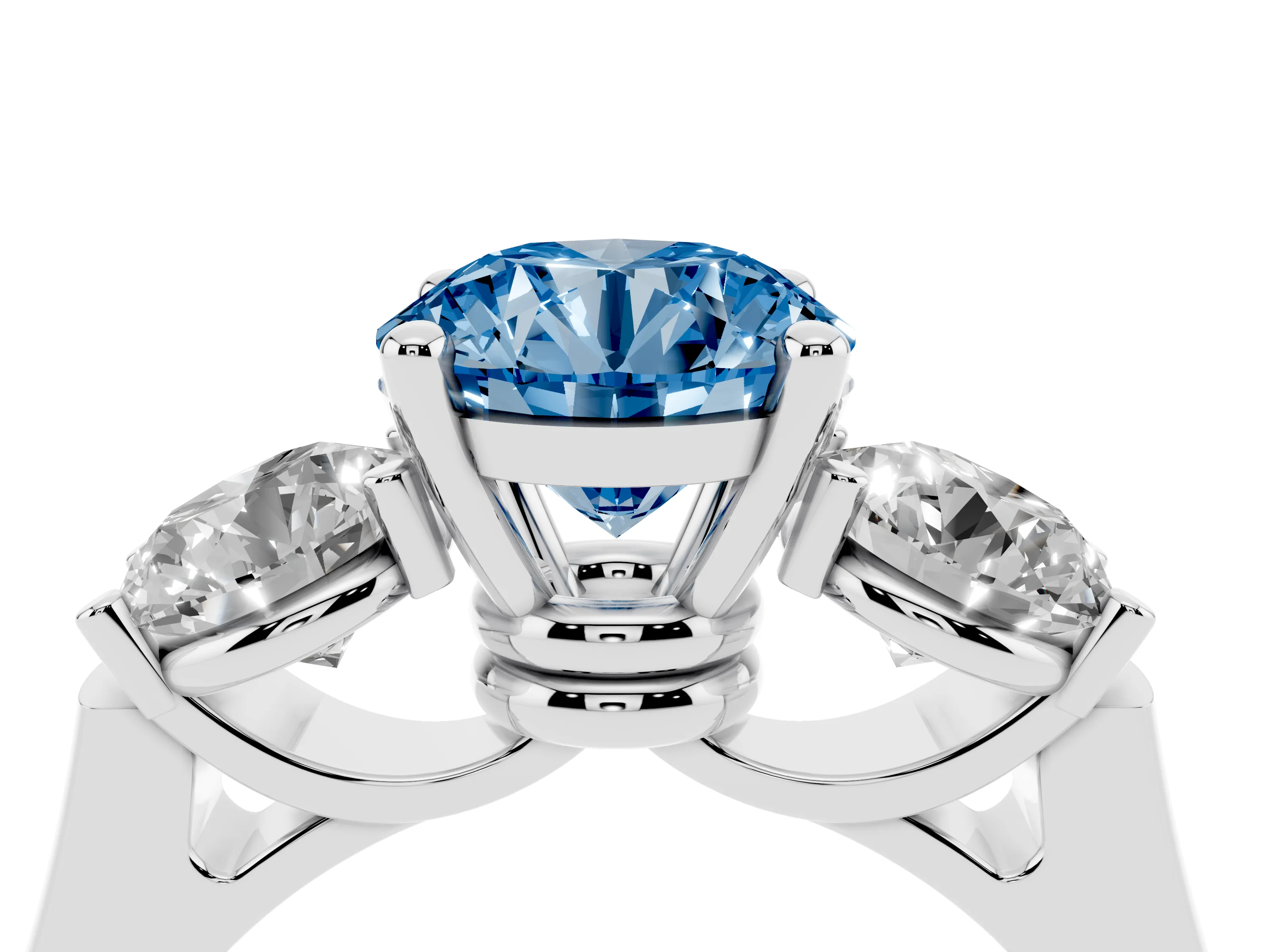 Fancy Blue Round Cut Diamond Three-Stone Trellis Ring Set in Silver with Comfort Fit Band