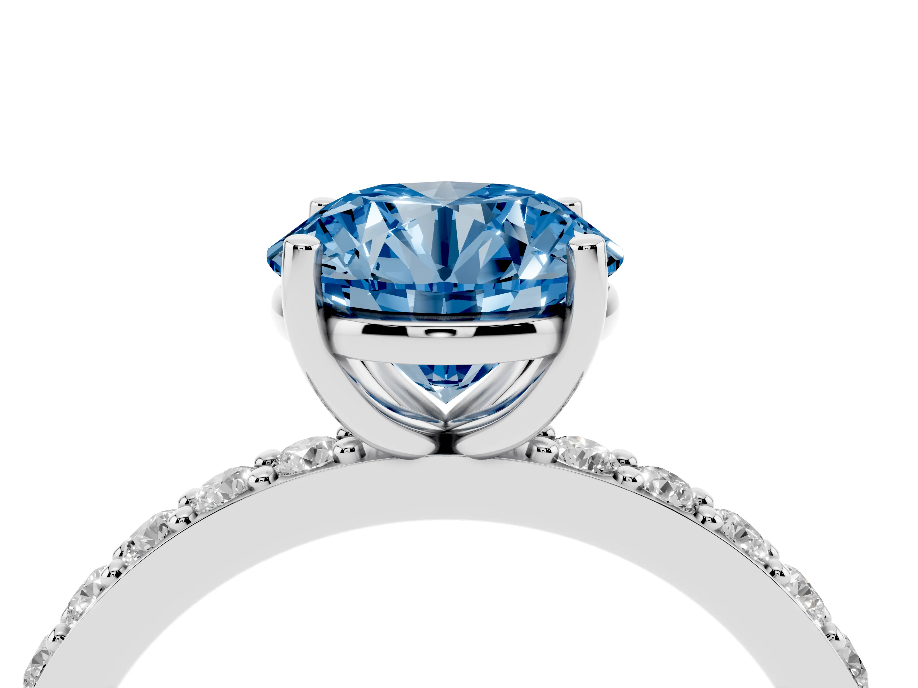 Fancy Blue Round Cut Diamond Solitaire Set in Silver with Round Pavé Band and Prong Setting