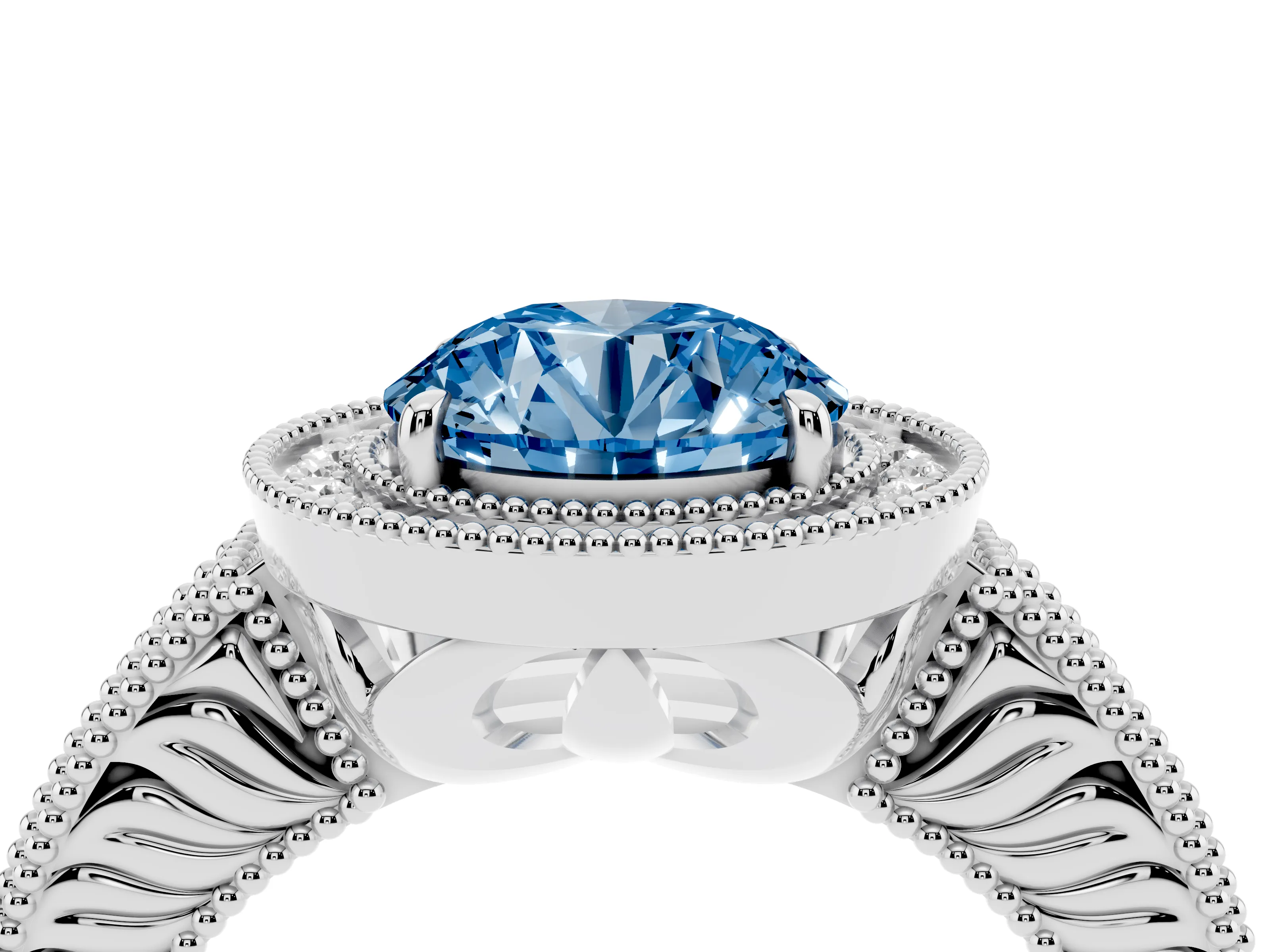 Fancy Blue Round Cut Diamond Halo Ring Set in Platinum with Round Accent Halo, Pavé Band and Prong Setting