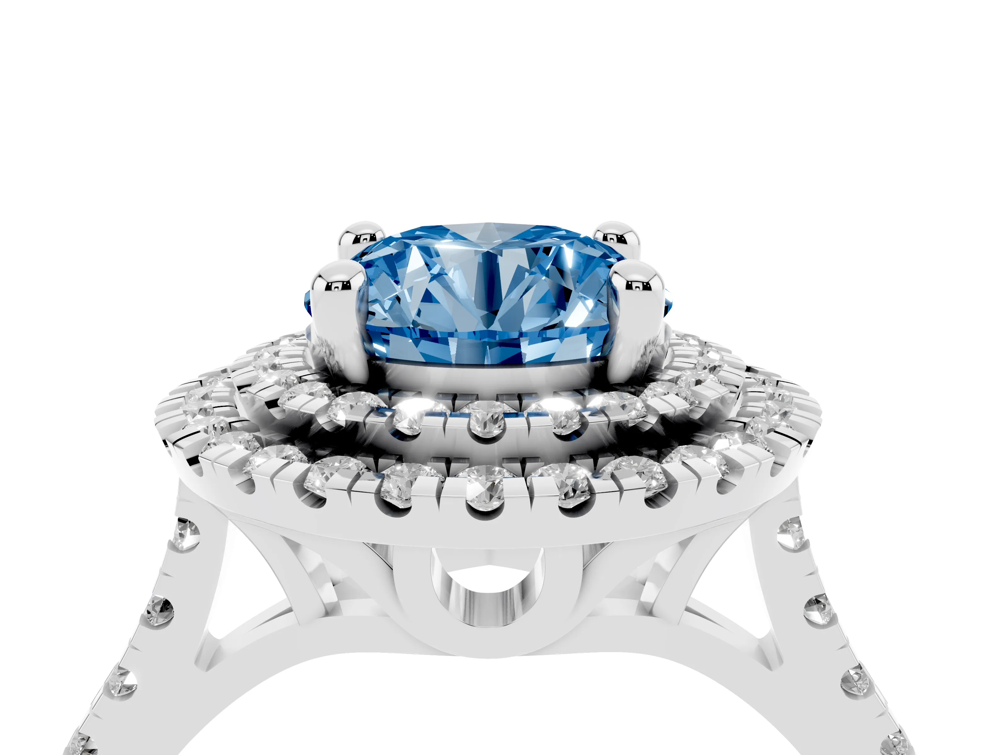 Fancy Blue Round Cut Diamond Double Halo Statement Ring Set in White gold with Pavé Band