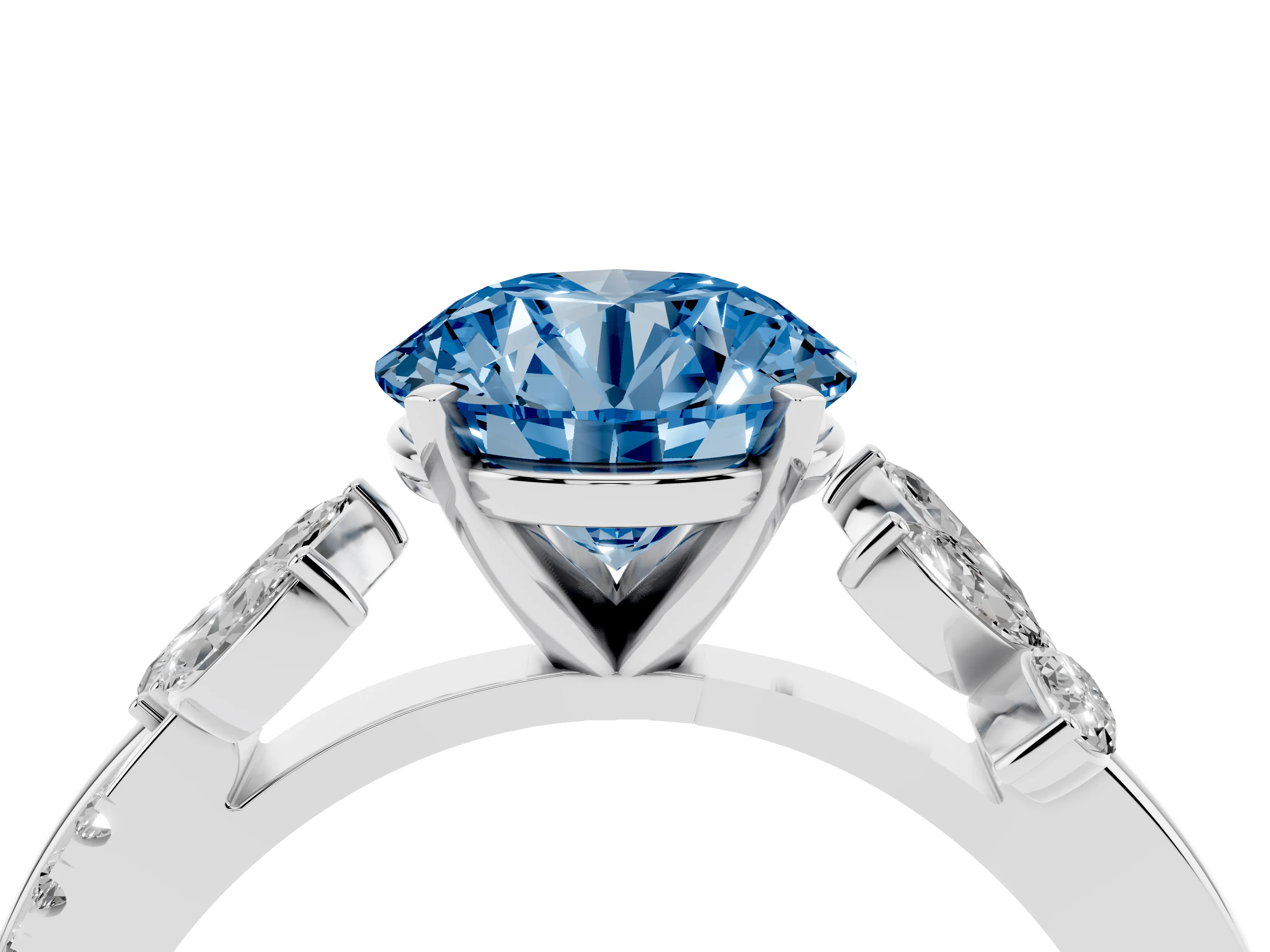 Fancy Blue Round Cut Diamond Floral Vine Solitaire Engagement Ring Set in Silver with Marquise Leaves