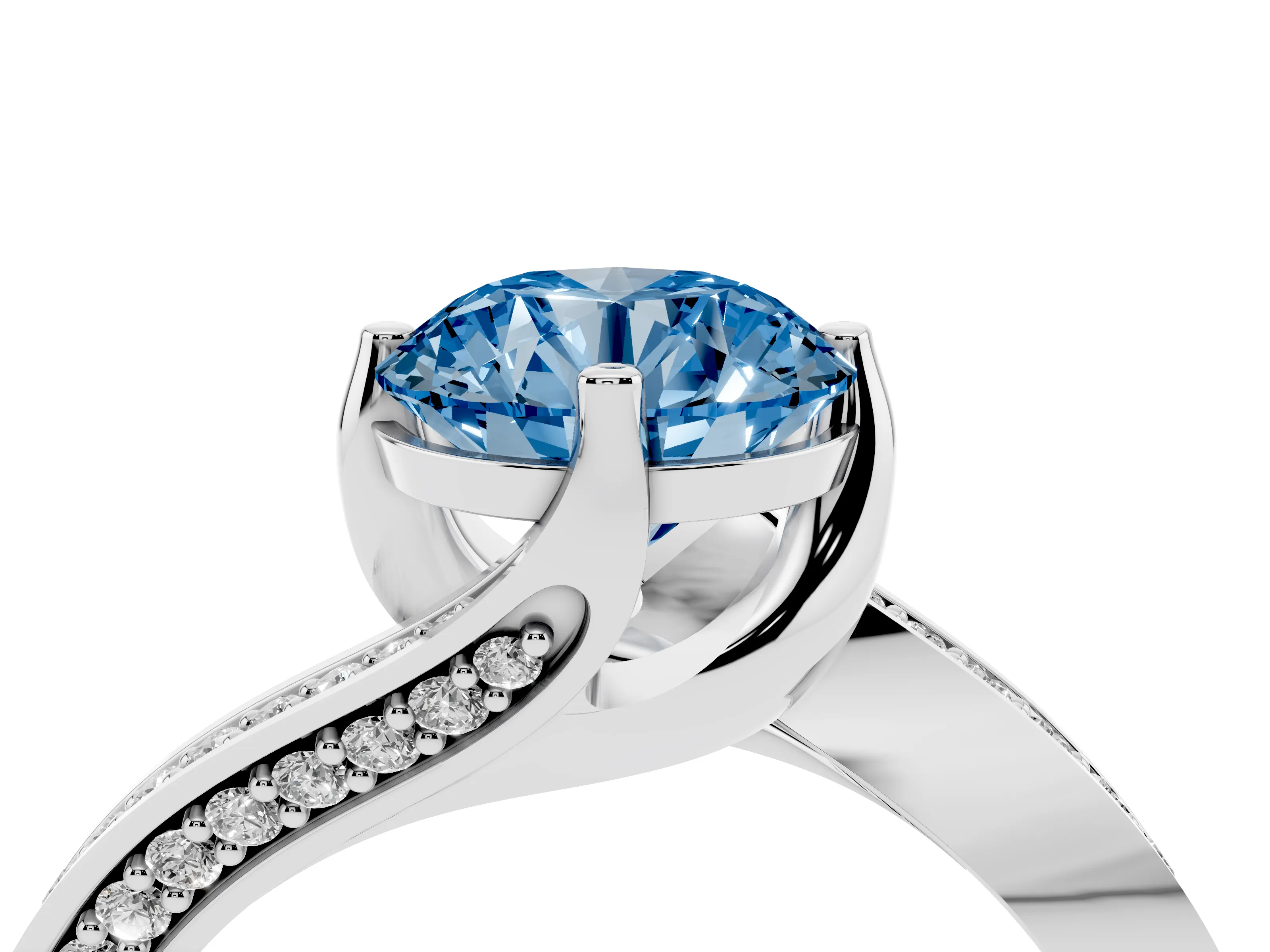 Fancy Blue Round Cut Diamond Solitaire Ring Set in White gold with Intertwined Pavé Twist Band