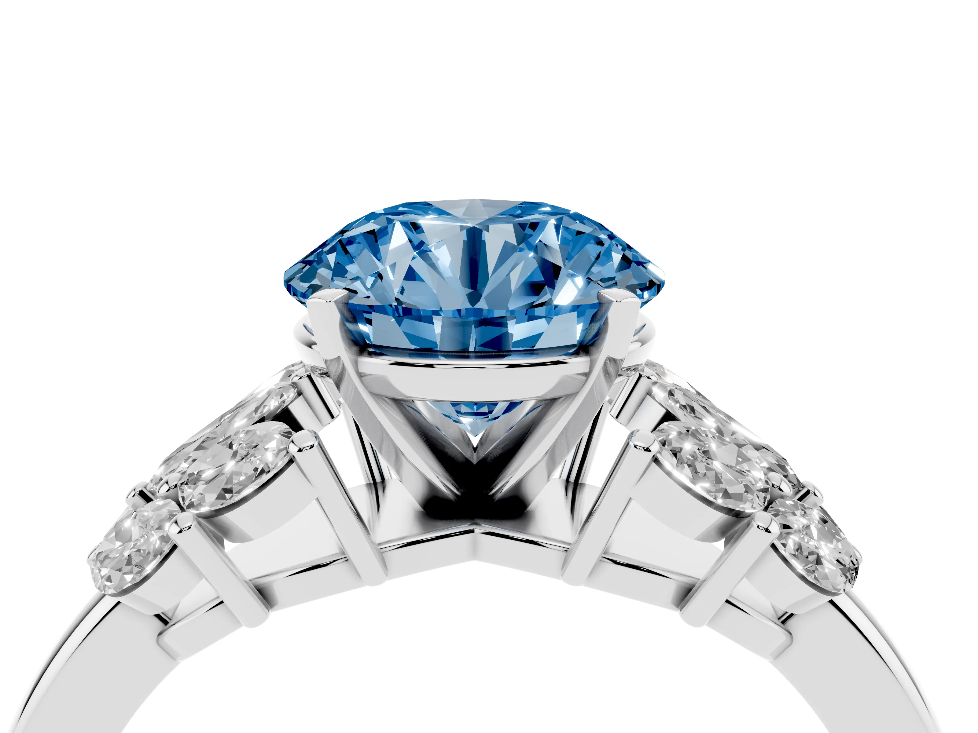 Fancy Blue Round Cut Diamond Cluster Leaf Design Ring Set in Silver with Prong Setting