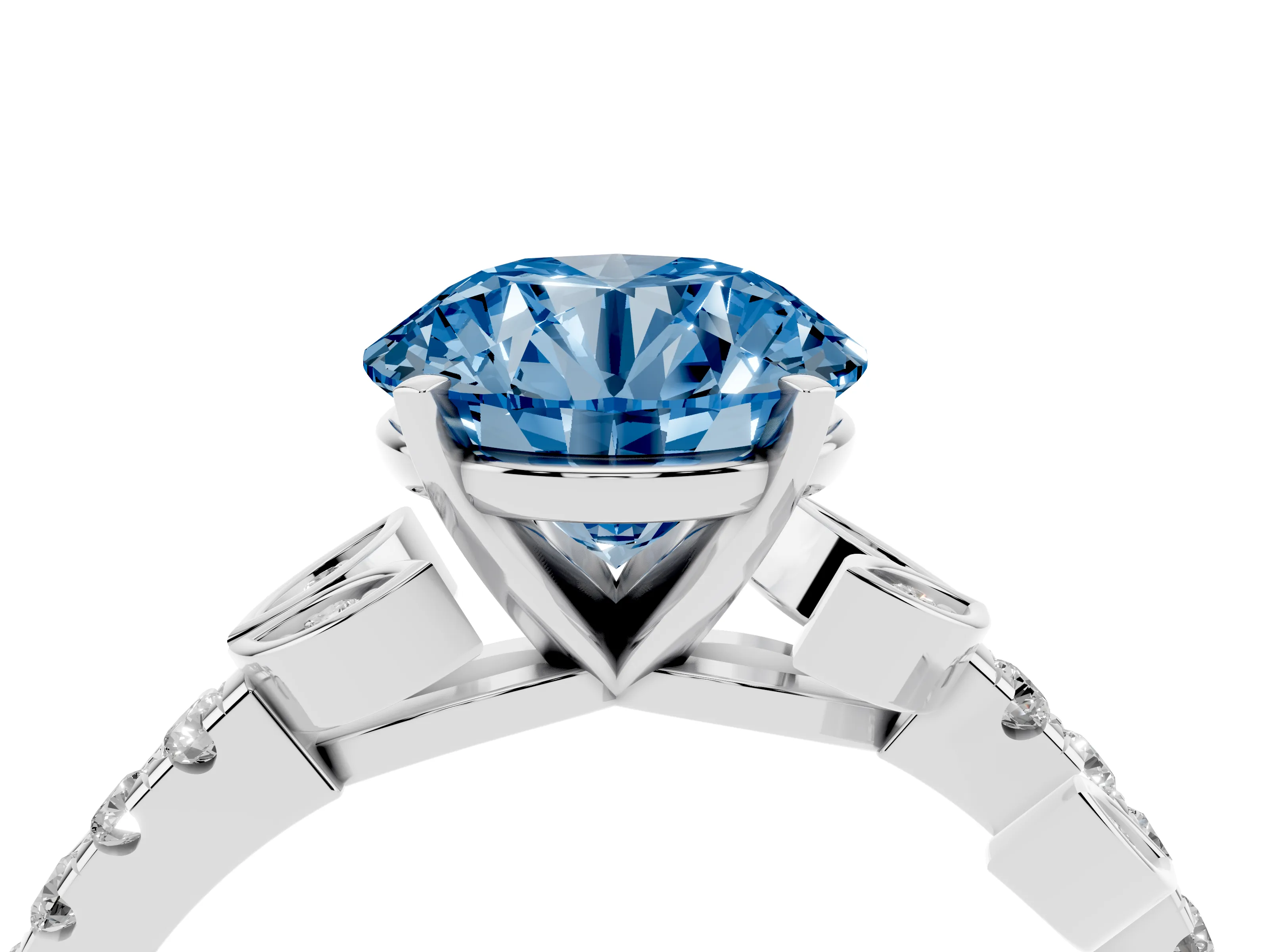 Fancy Blue Round Cut Diamond Solitaire Leaf-Inspired Ring Set in Silver with Pavé Band and Prong Setting