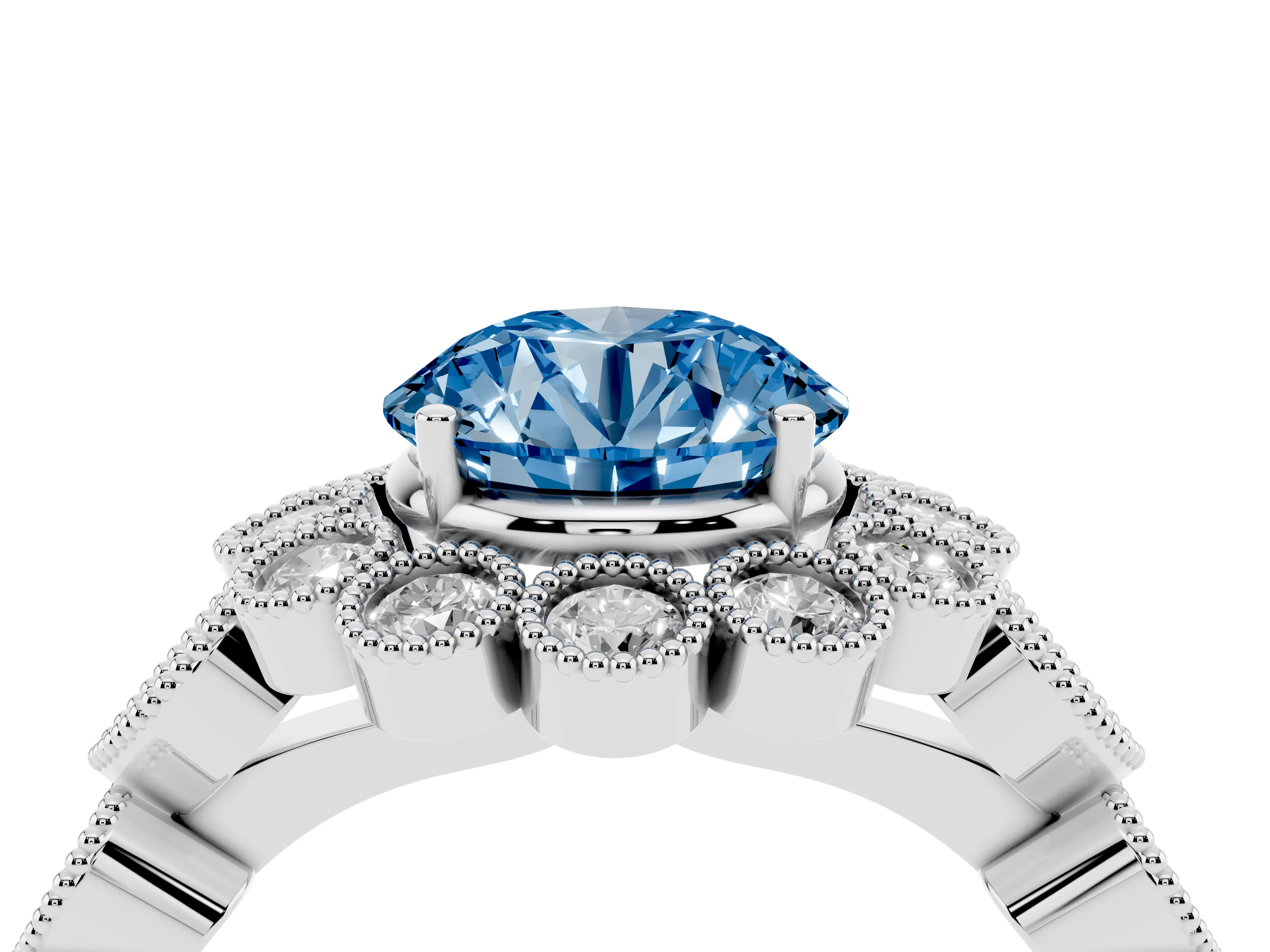 Fancy Blue Round Cut Diamond Solitaire Ring Set in Silver with Milgrain Pavé Heart Band