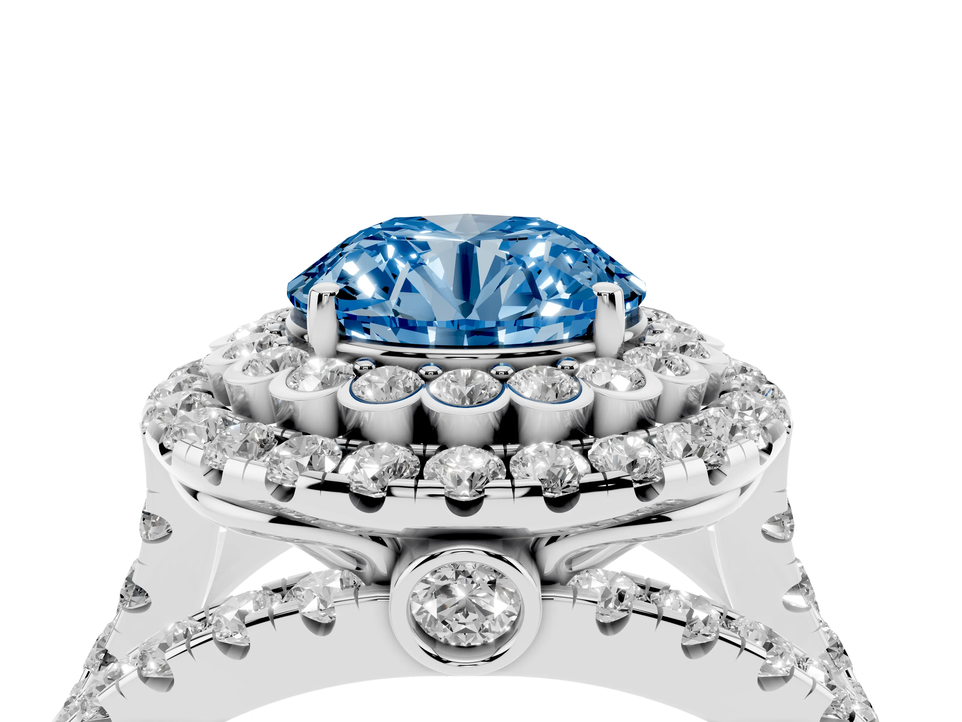 Fancy Blue Round Cut Diamond Double Halo Ring Set in White gold with Round Pavé Split Shank