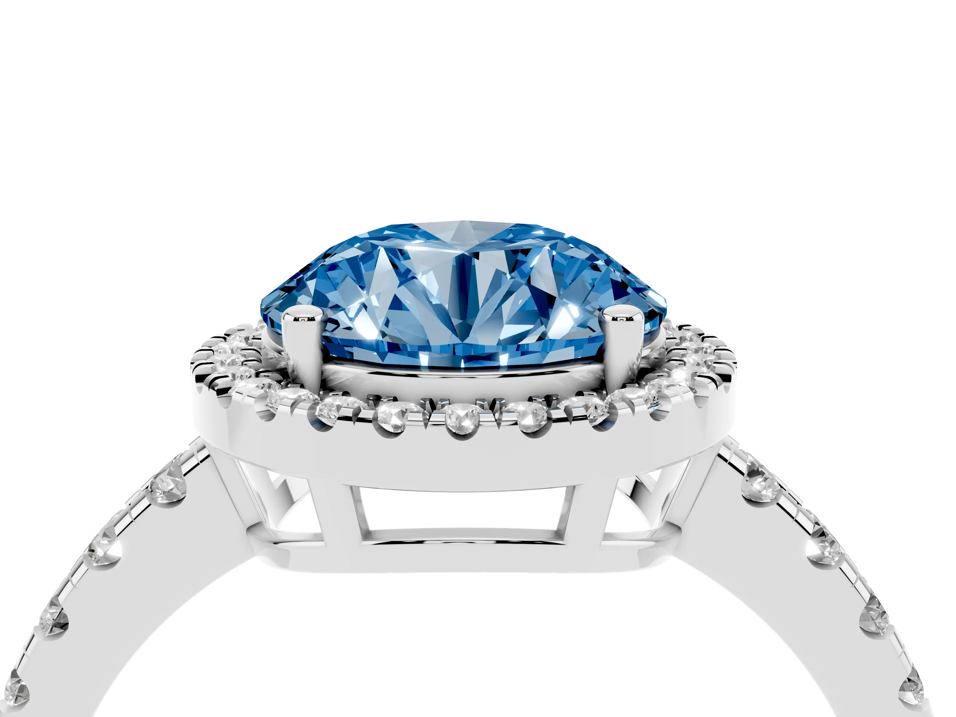 Fancy Blue Round Cut Diamond Halo Ring Set in Platinum with Delicate Pavé Band and Prong Setting