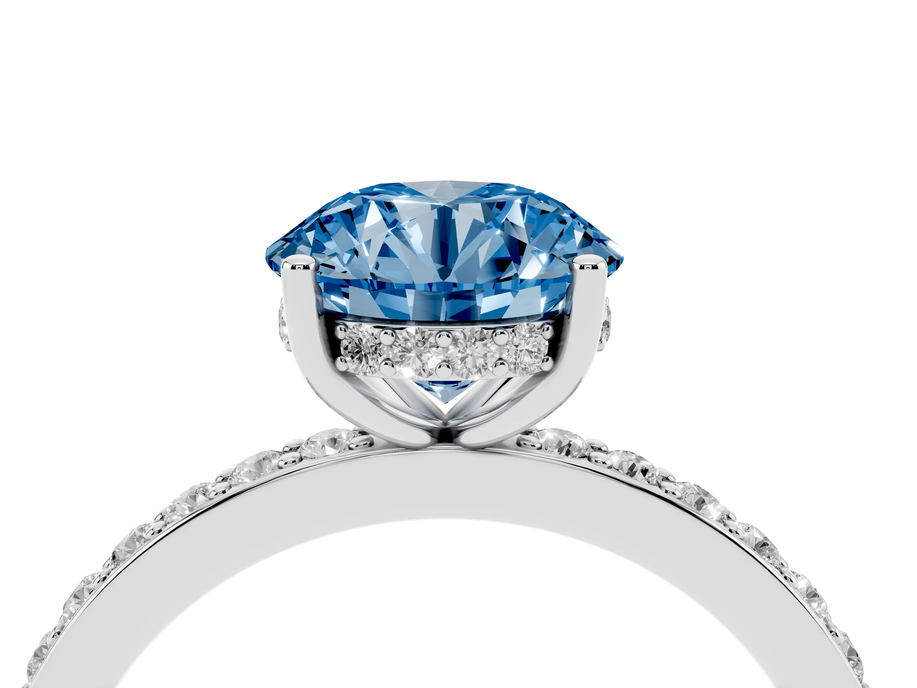 Fancy Blue Round Cut Diamond Pavé Band Ring Set in Silver with Prong-Set Center Stone