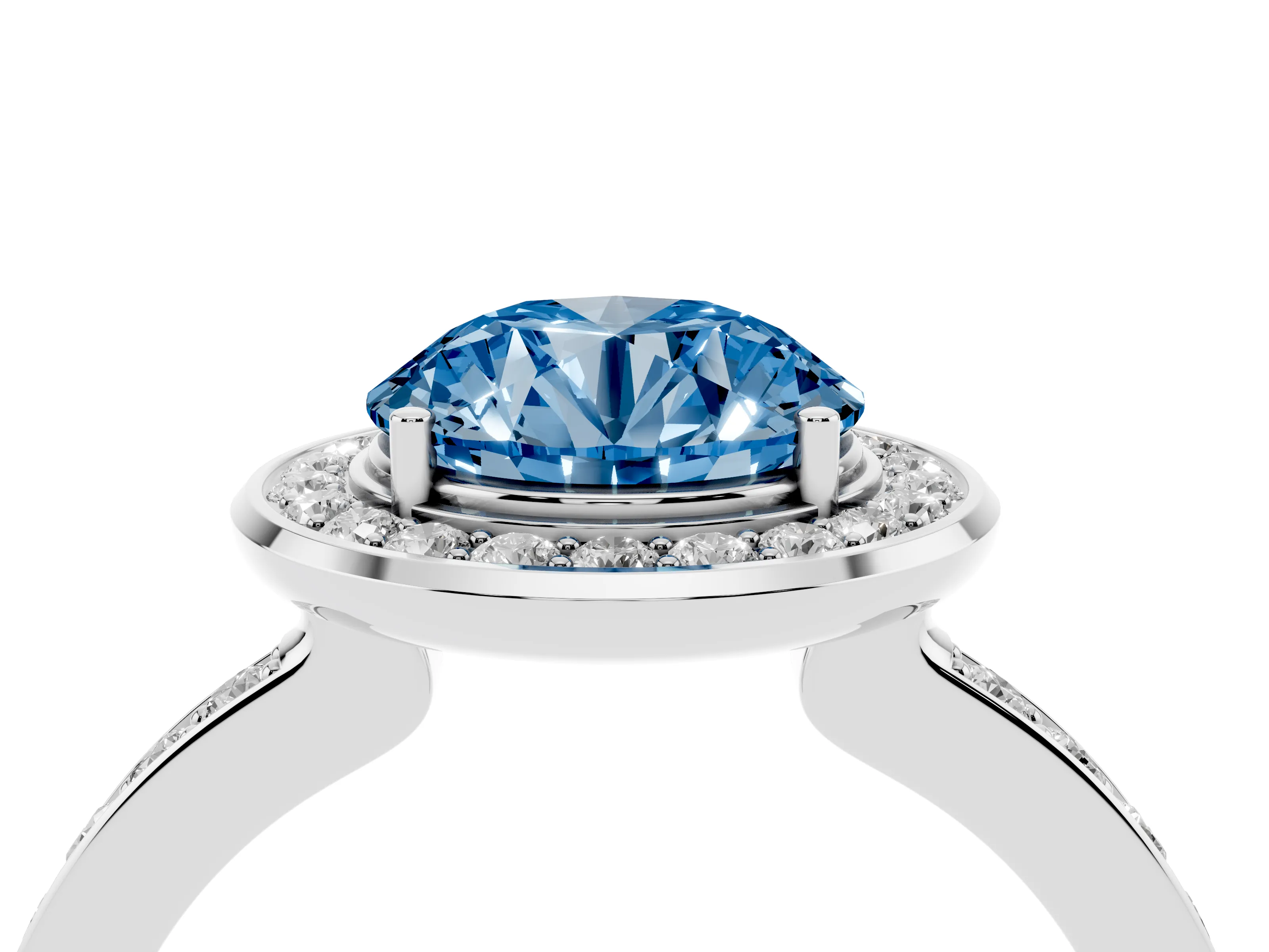 Fancy Blue Round Cut Diamond Halo Ring Set in White gold with Bezel Frame and Pavé Band