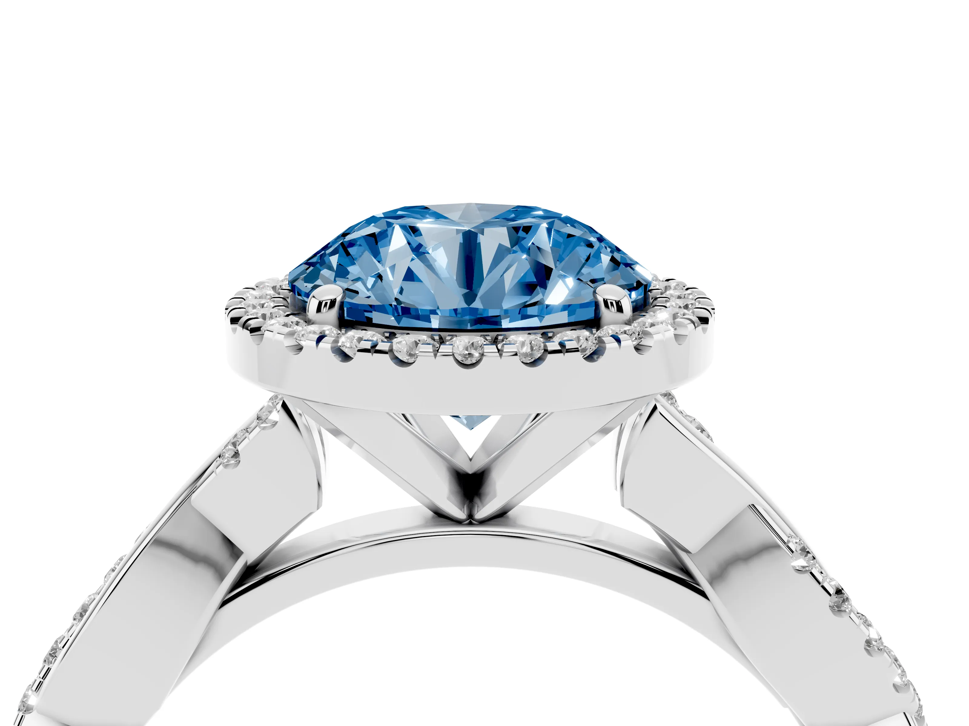 Fancy Blue Round Cut Diamond Halo Twisted Band Ring Set in White gold with Prong Setting