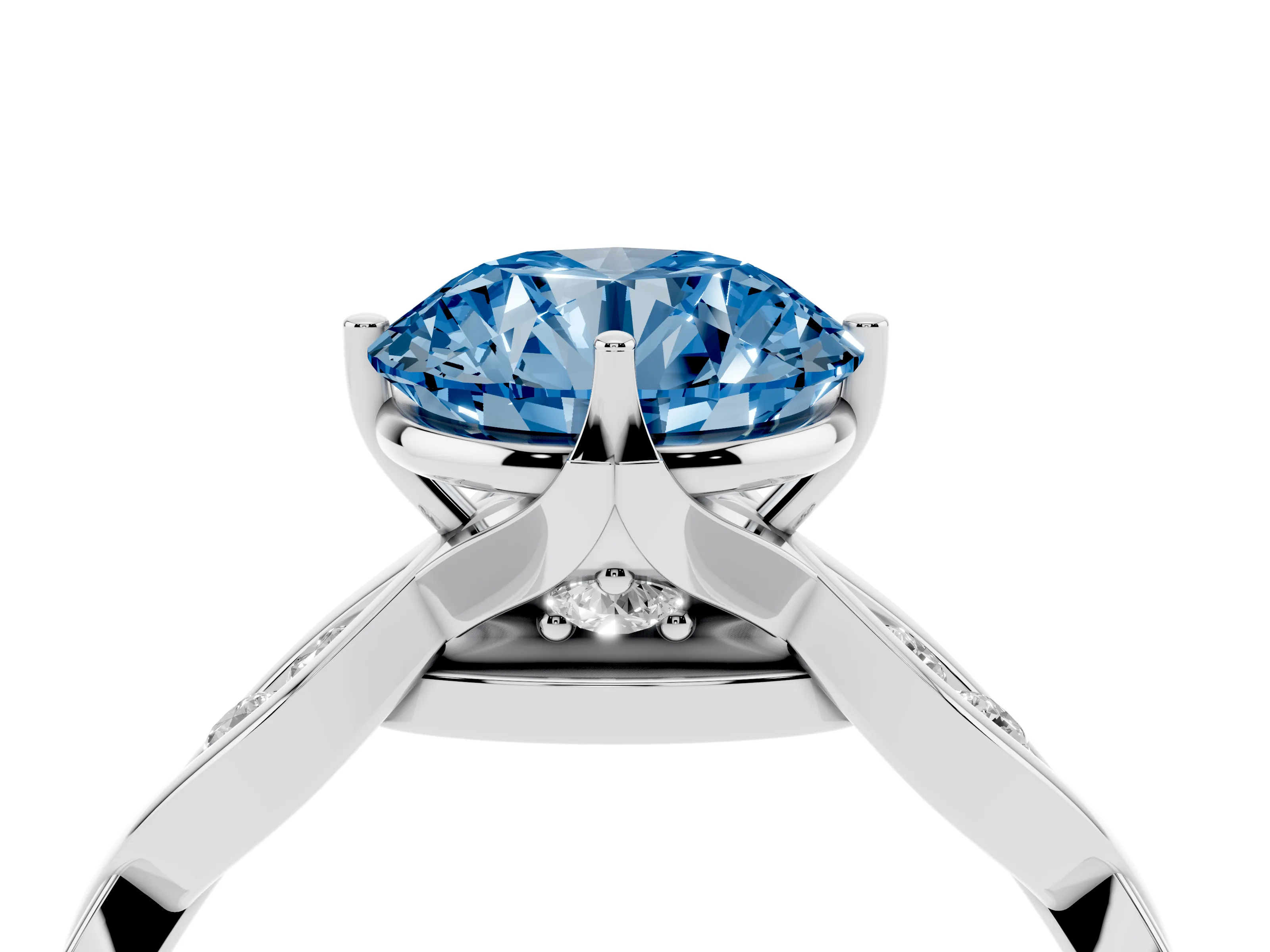 Fancy Blue Round Cut Diamond Twist Band Solitaire Ring Set in White gold with Leaf Prong Setting and Accent Stones