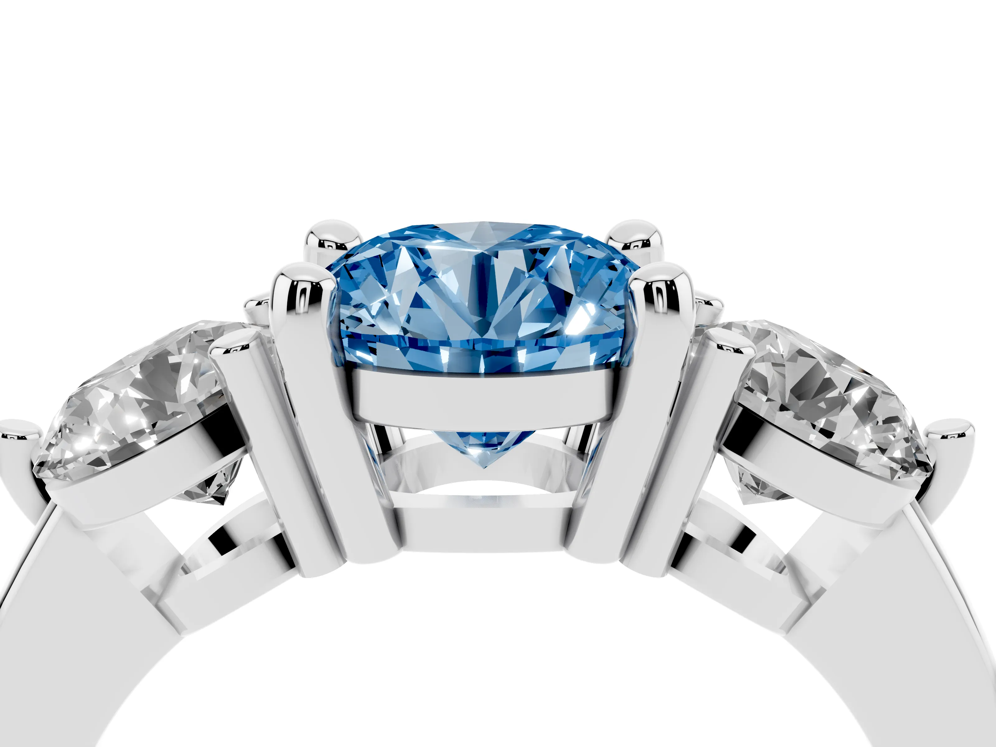 Fancy Blue Round Cut Diamond Three-Stone Ring Set in Platinum with Prong Setting and Classic Band