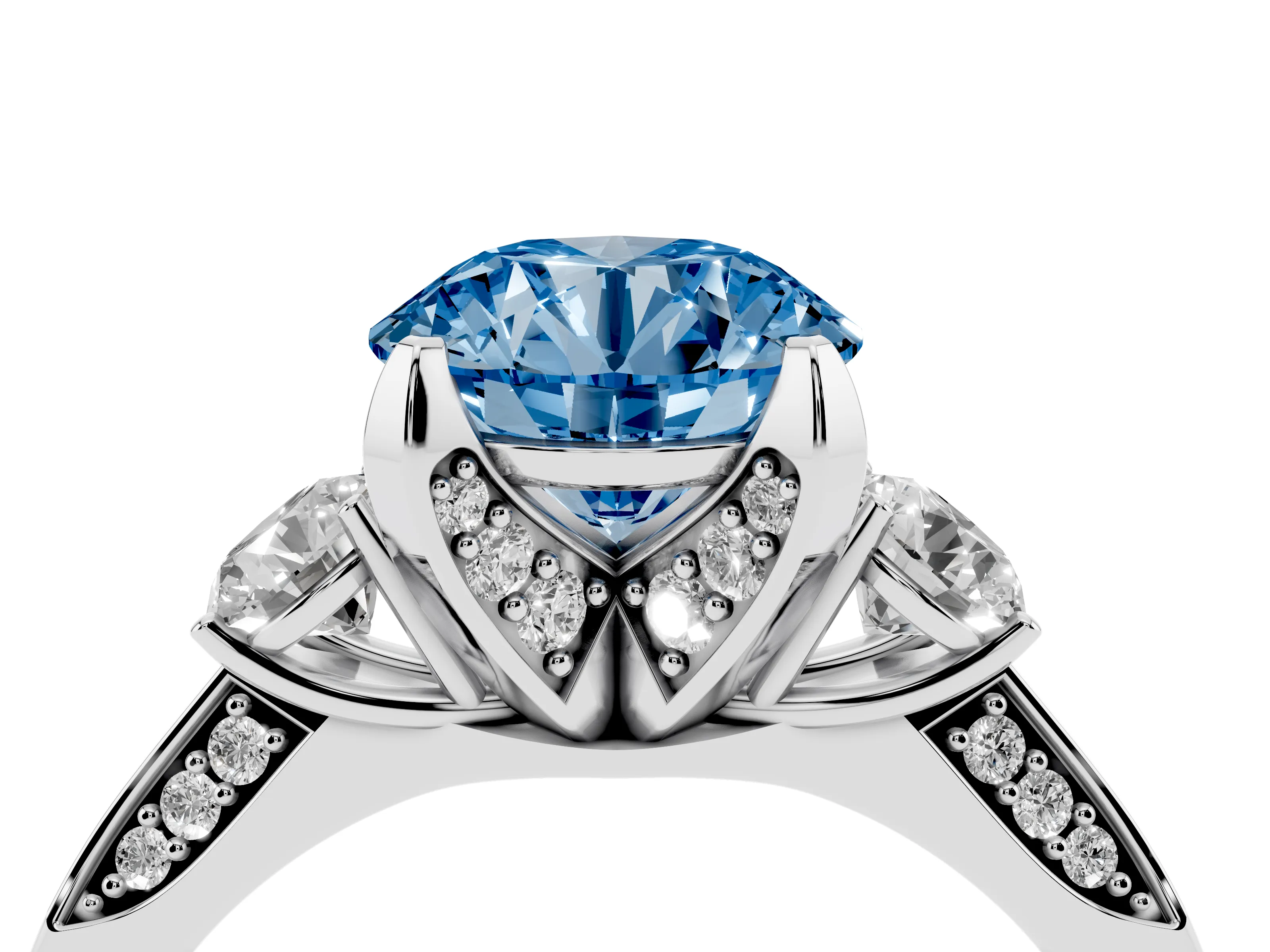 Fancy Blue Round Cut Diamond Three-Stone Ring Set in Silver with Pavé Band and Smaller Side Stones