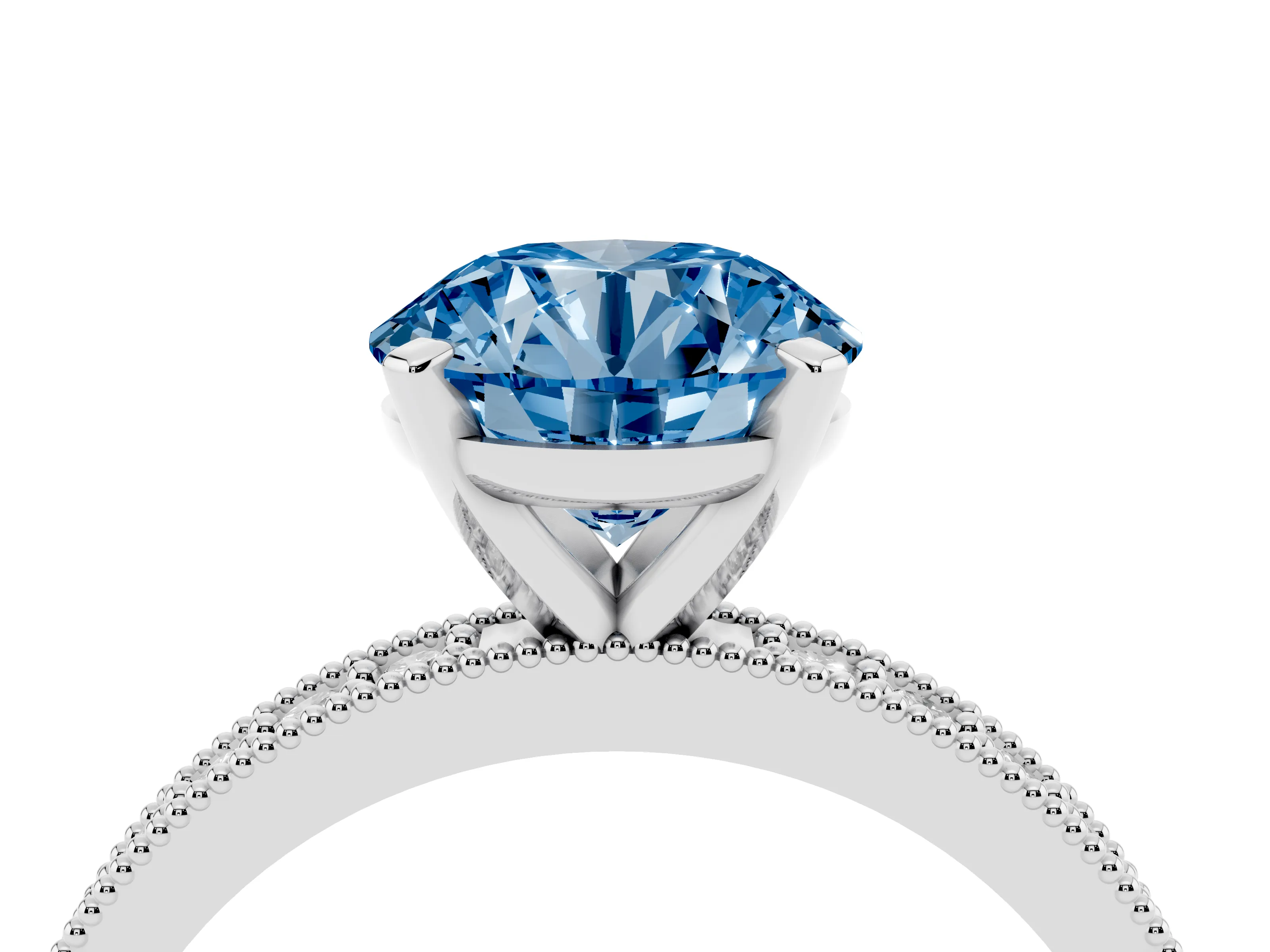 Fancy Blue Round Cut Diamond Milgrain Pavé Engagement Ring Set in Silver with Prong Setting
