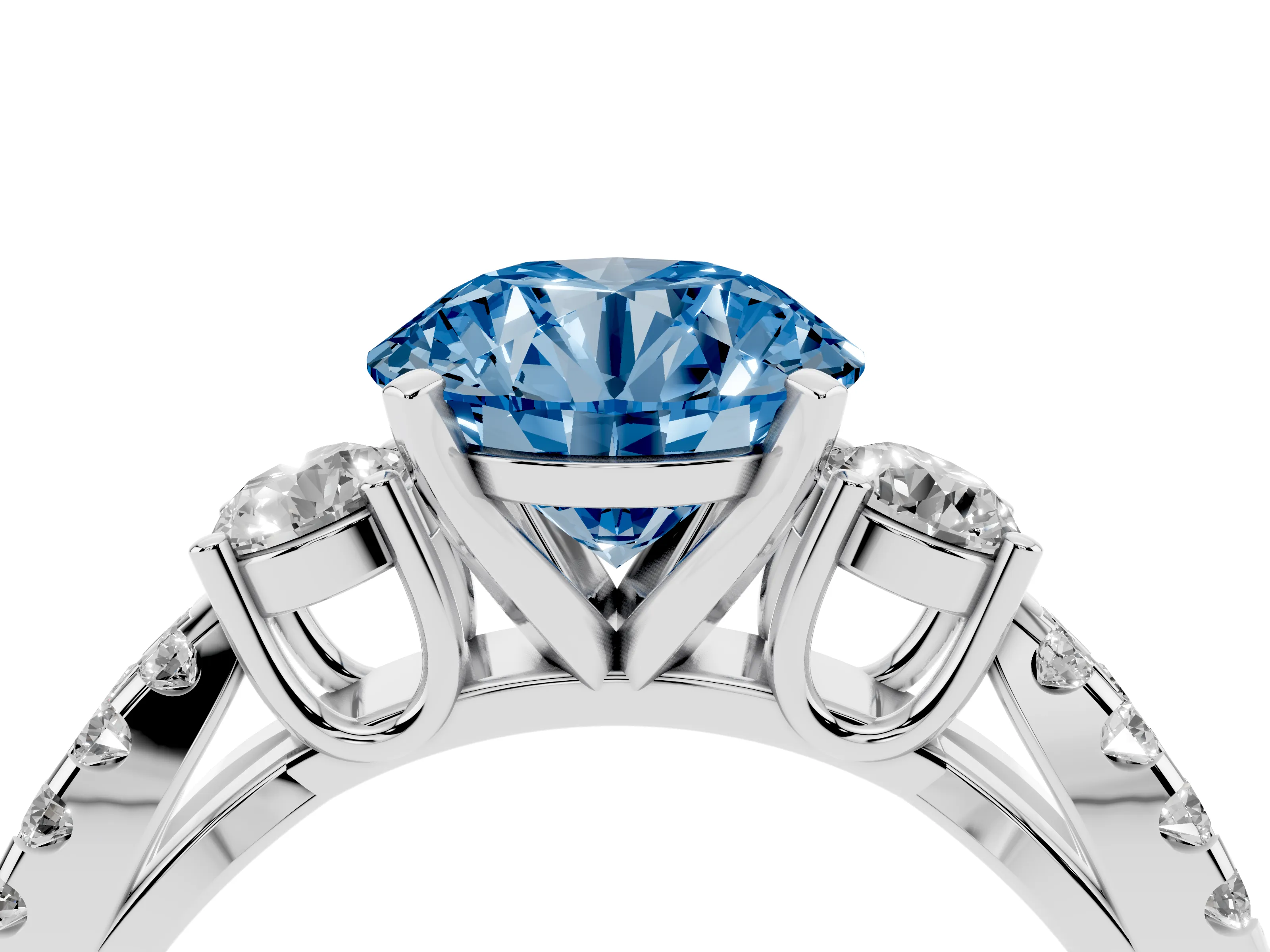 Fancy Blue Round Cut Diamond Three-Stone Ring Set in Silver with Pavé Split Shank and Prong Setting