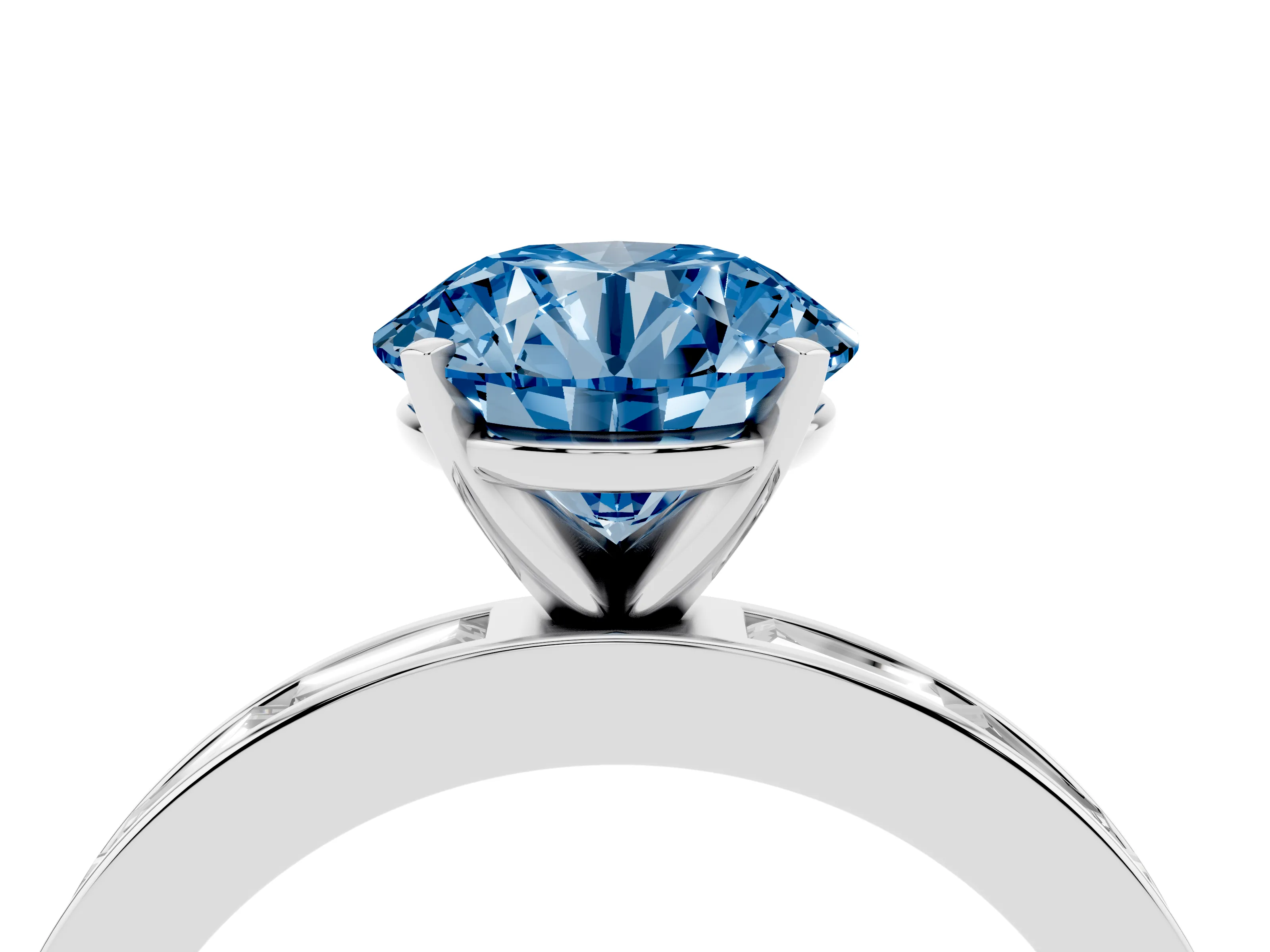 Fancy Blue Round Cut Diamond Solitaire Ring Set in Platinum with Channel-Set Baguette Band and Prong Setting