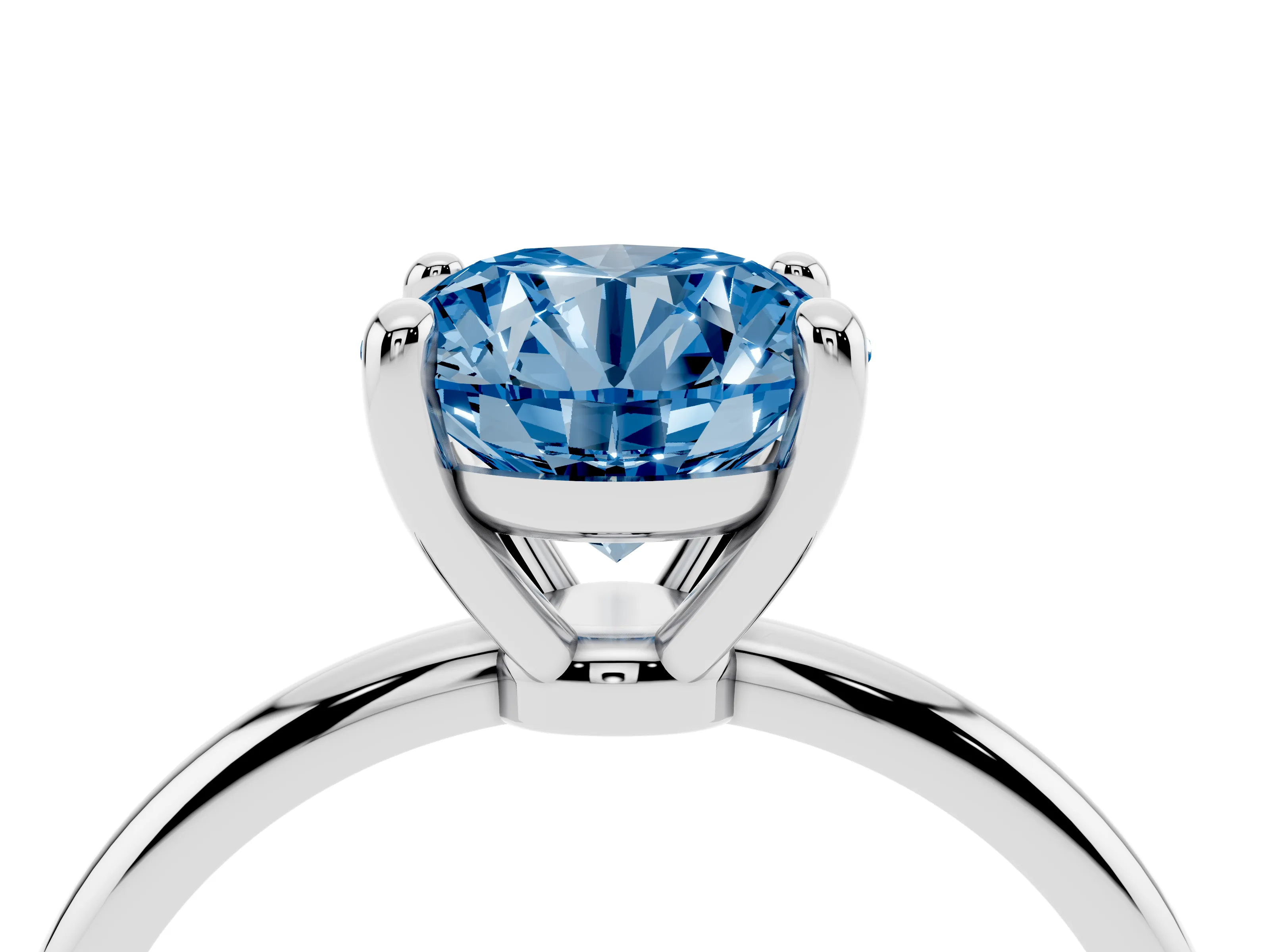 Fancy Blue Round Cut Diamond Solitaire Ring Set in White gold with Secure Prong Setting on a Classic Band