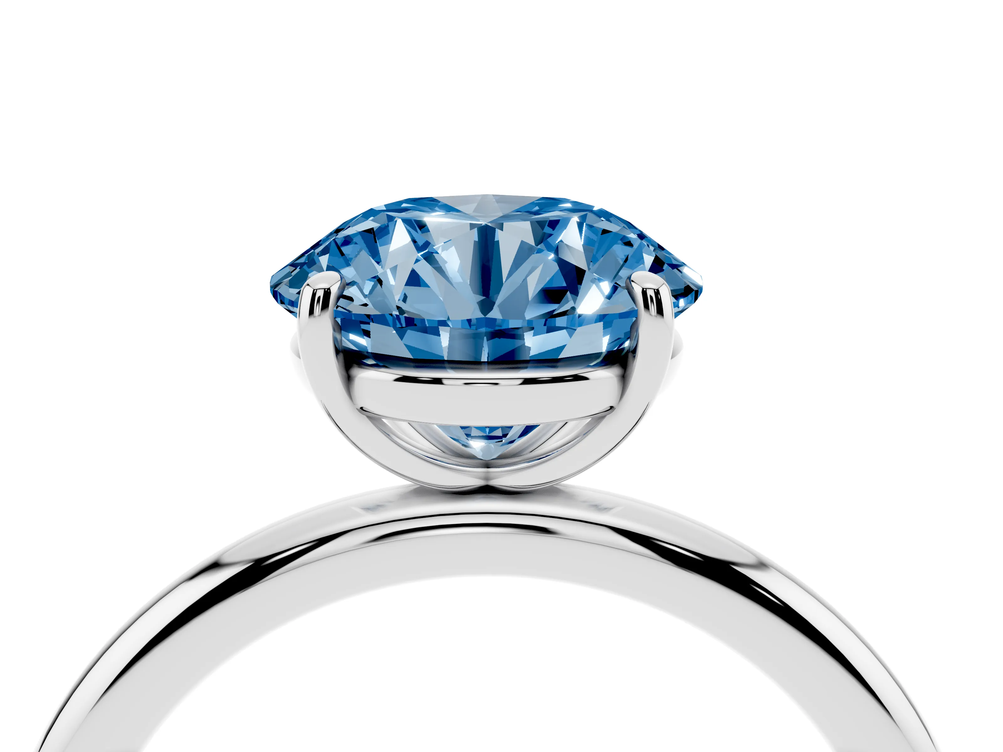 Fancy Blue Round Cut Diamond Solitaire Ring Set in Silver with Prong Setting on a Polished Plain Band