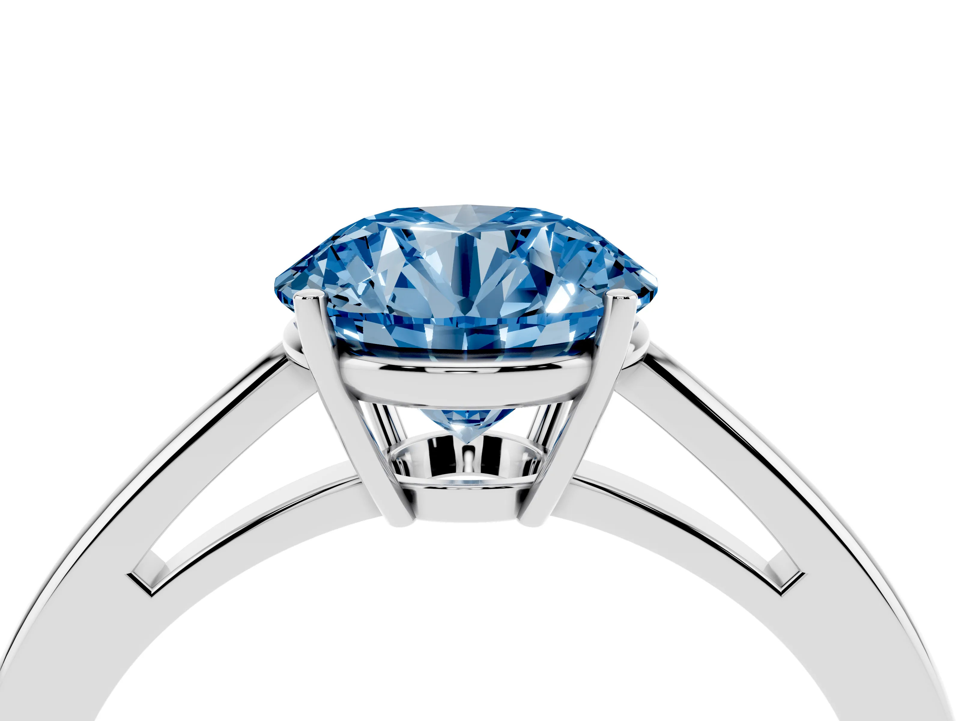 Fancy Blue Round Cut Diamond Solitaire Ring Set in Silver with Split Shank and Prong Setting