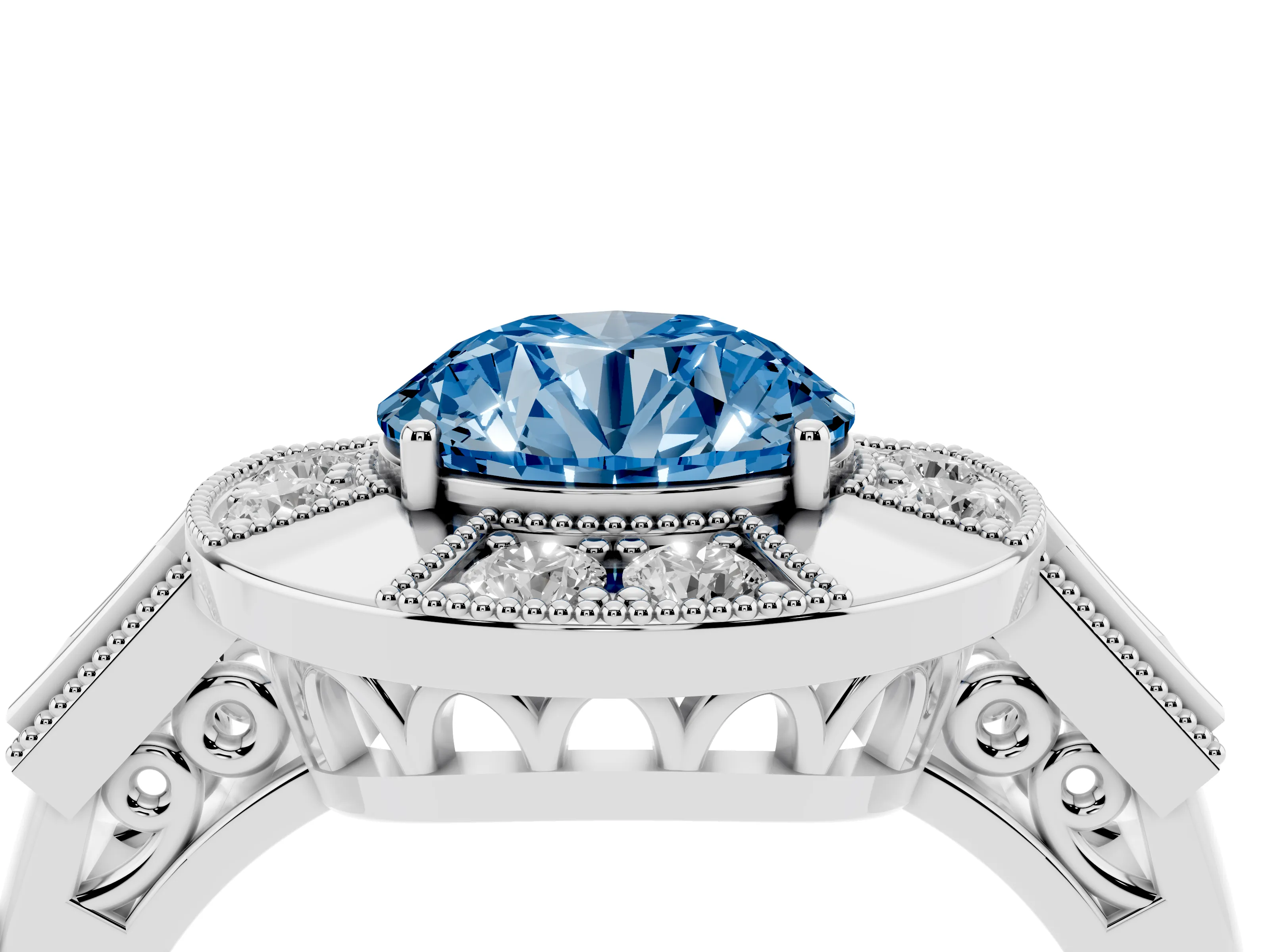 Fancy Blue Round Cut Diamond Milgrain Halo Ring Set in Silver with Split Shank