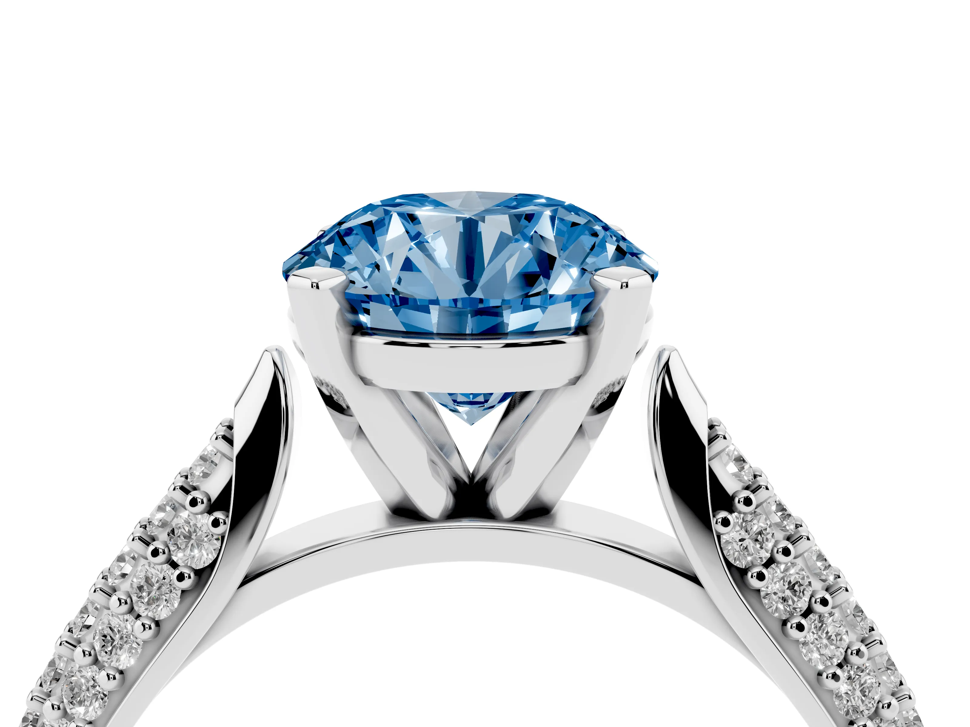 Fancy Blue Round Cut Diamond Solitaire Engagement Ring Set in White gold with Multi-Row Round Pavé Band and Prong Setting