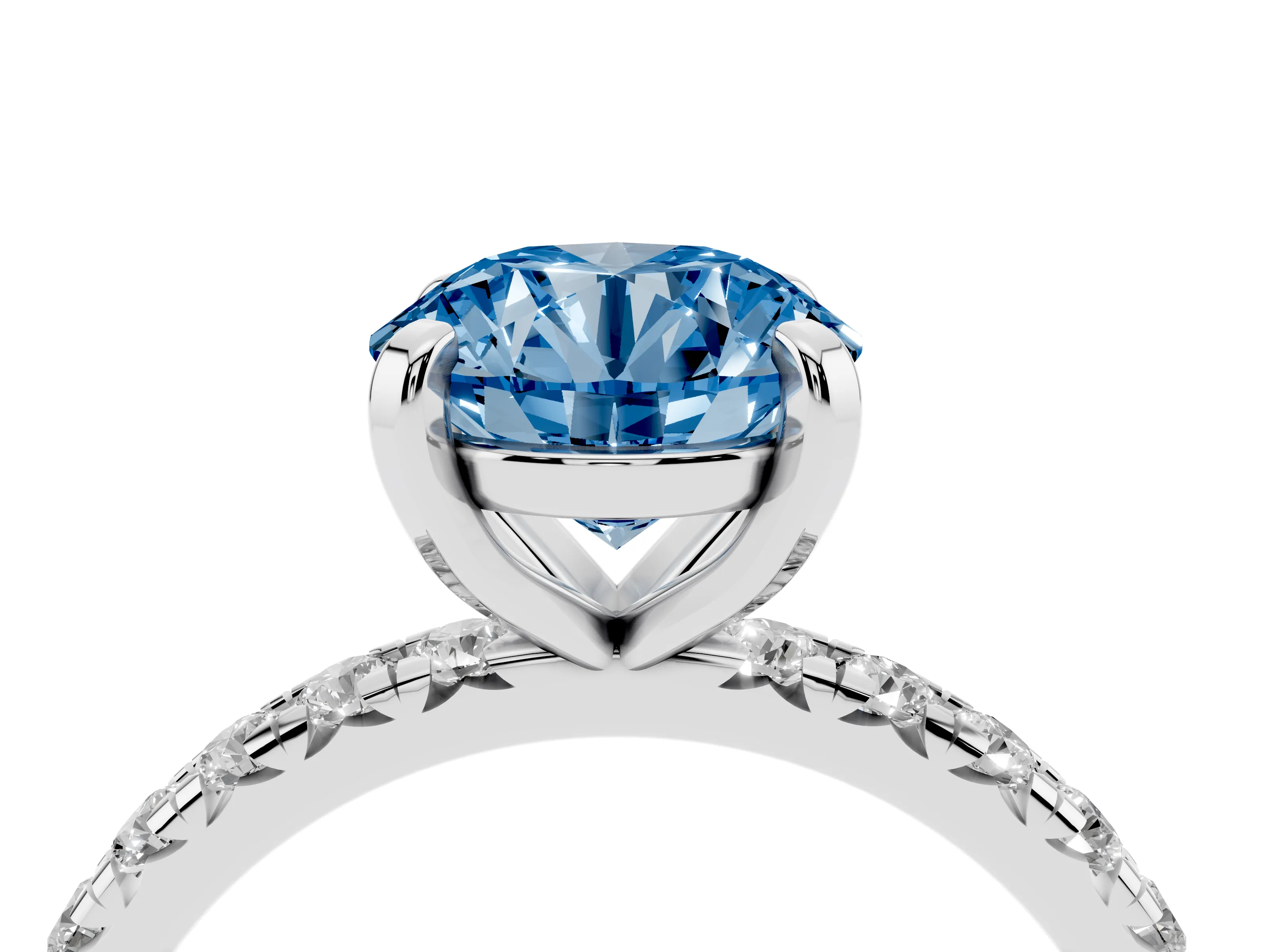 Fancy Blue Round Cut Diamond Pavé Solitaire Ring Set in White gold with Round Band and Prong Setting