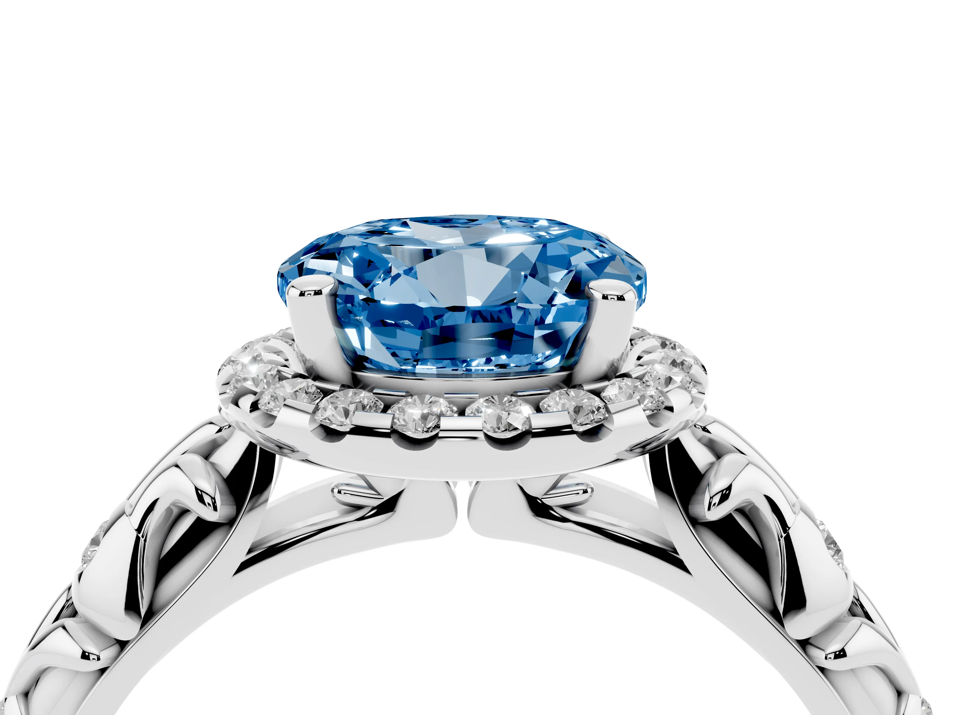 Fancy Blue Round Cut Diamond Halo Ring Set in Platinum with Filigree Leaf Band and Prong Setting