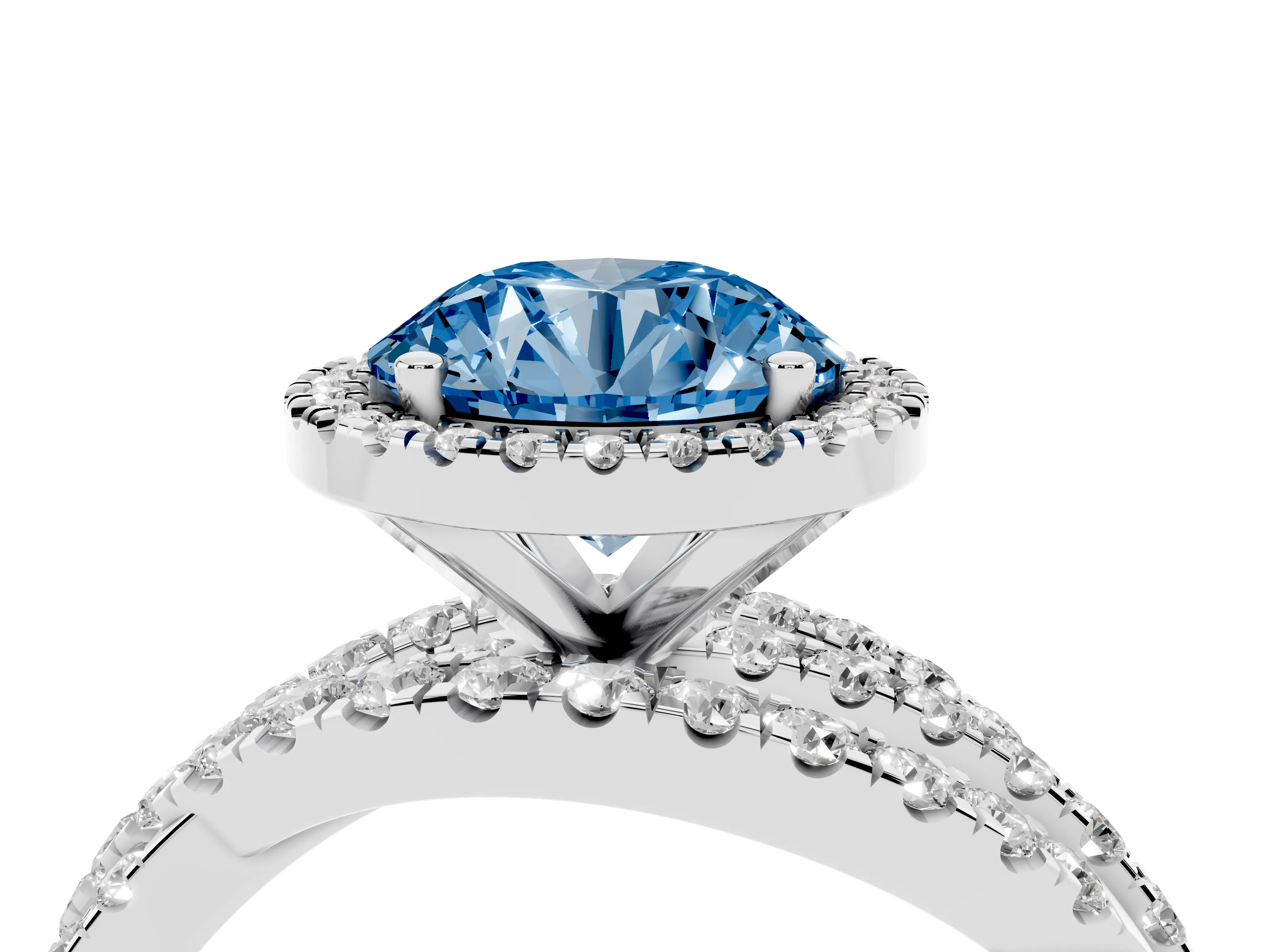 Fancy Blue Round Cut Diamond Halo Ring Set in Silver with Round Crossover Split Shank and Prong Setting