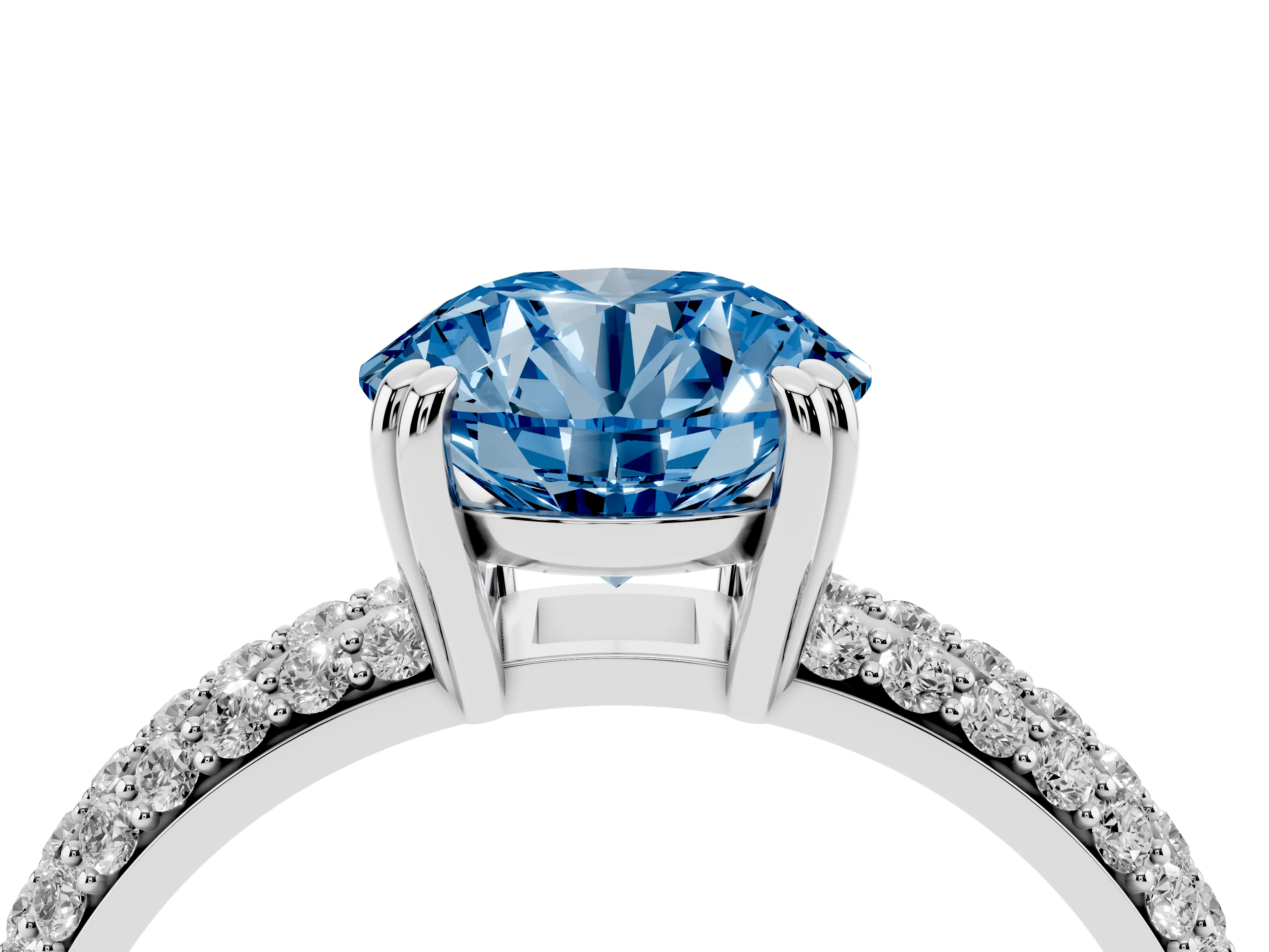 Fancy Blue Round Cut Diamond Solitaire Ring Set in Platinum with Multi-Row Round Pavé Band and Prong Setting