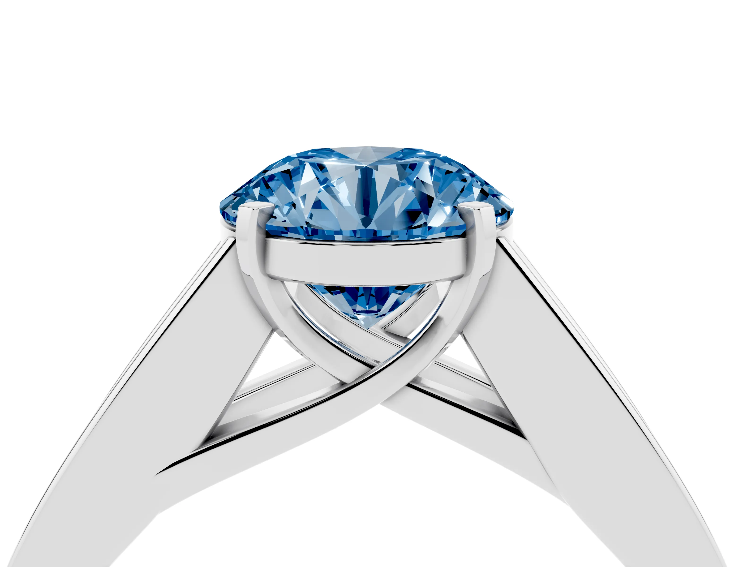 Fancy Blue Round Cut Diamond Solitaire Ring Set in Silver with Channel-Set Accent Stones and Prong Setting