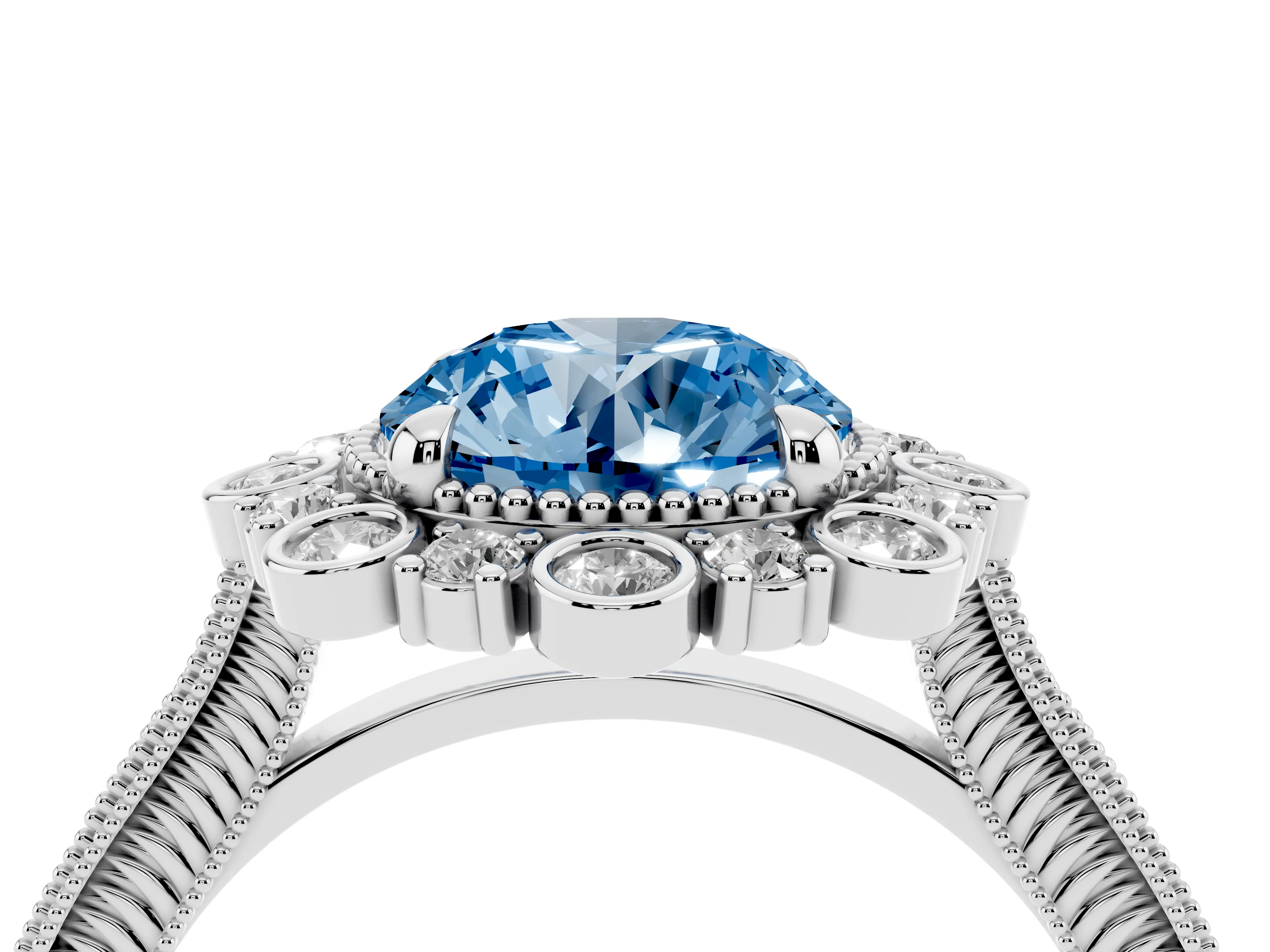 Fancy Blue Round Cut Diamond Halo Milgrain Pavé Ring Set in White gold with Prong Setting