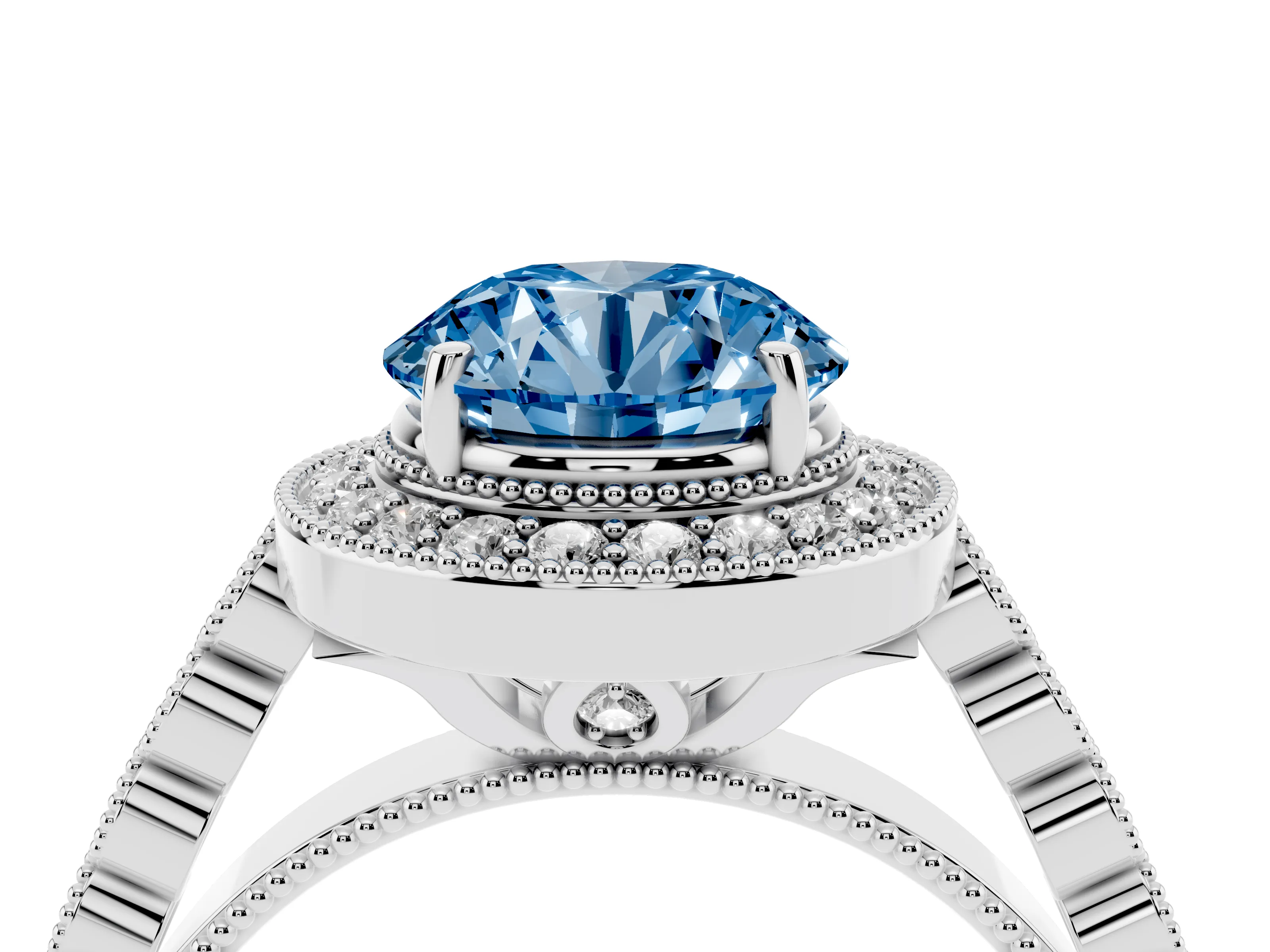 Fancy Blue Round Cut Diamond Milgrain Halo Solitaire Ring Set in White gold with Bezel Set Side Stones and Pavé Band