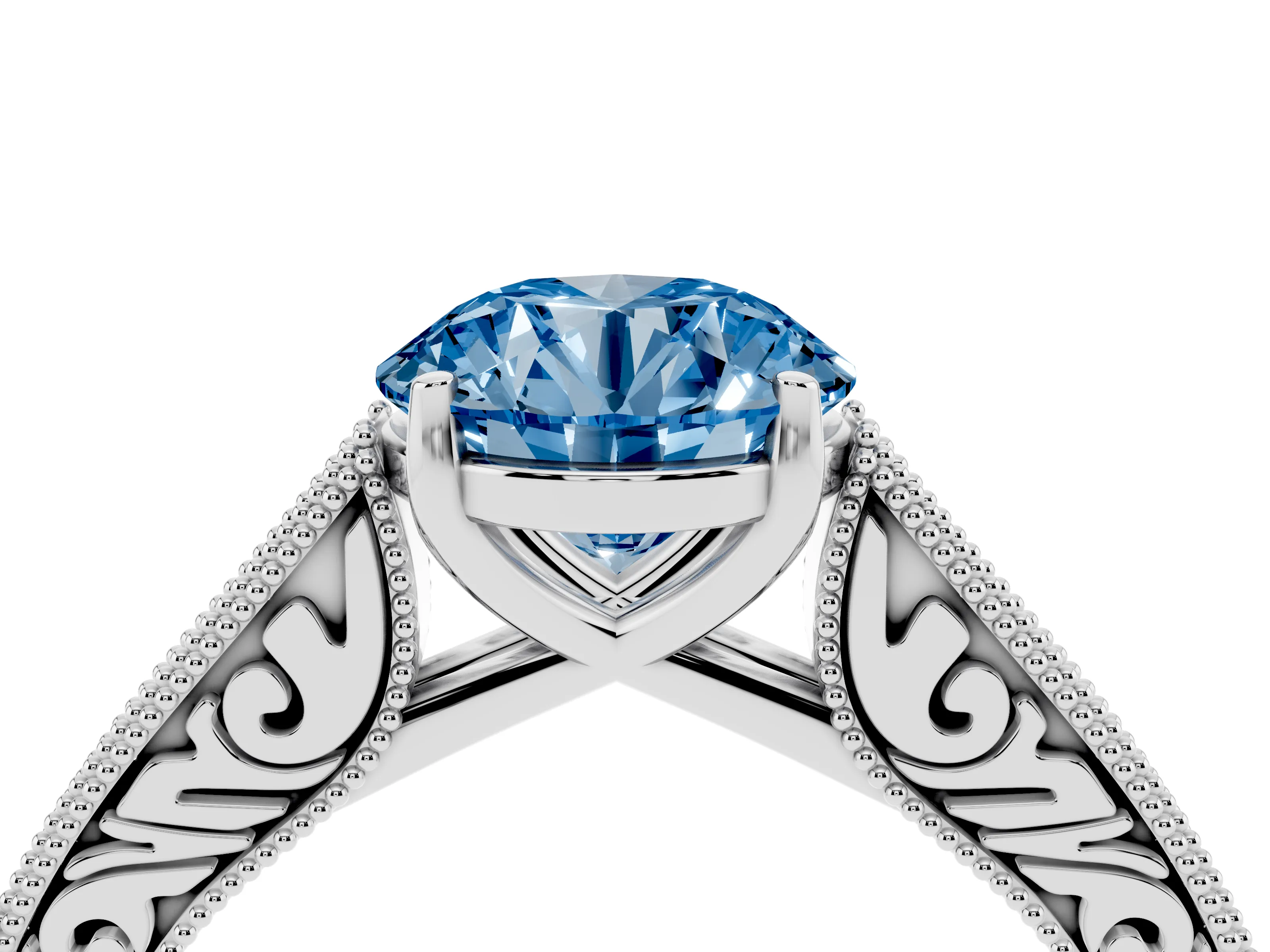 Fancy Blue Round Cut Diamond Milgrain Pavé Band Solitaire Ring Set in Platinum with Prong Setting