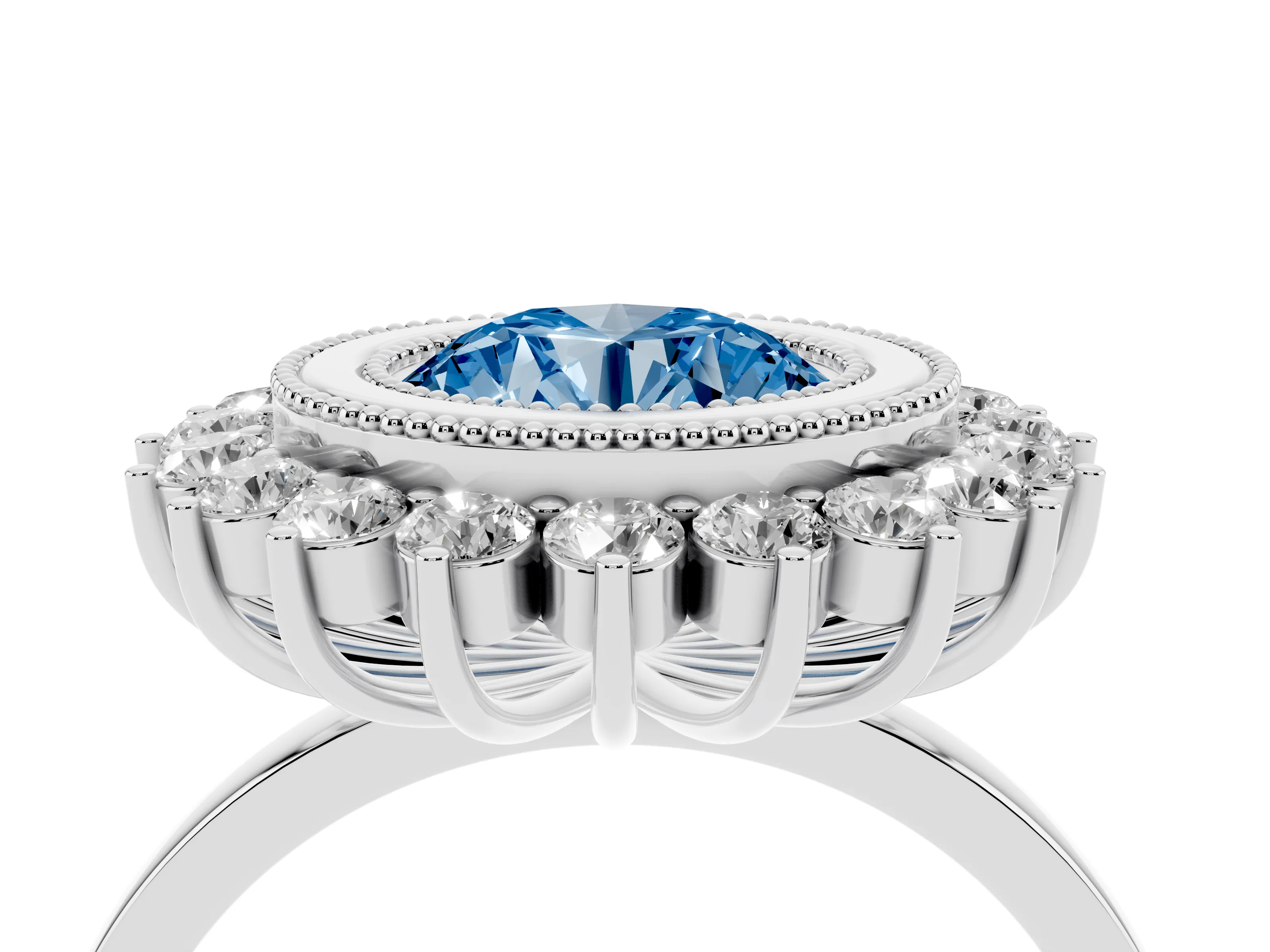 Fancy Blue Round Cut Diamond Halo Ring Set in Silver with Milgrain Edge and Round Prong Setting