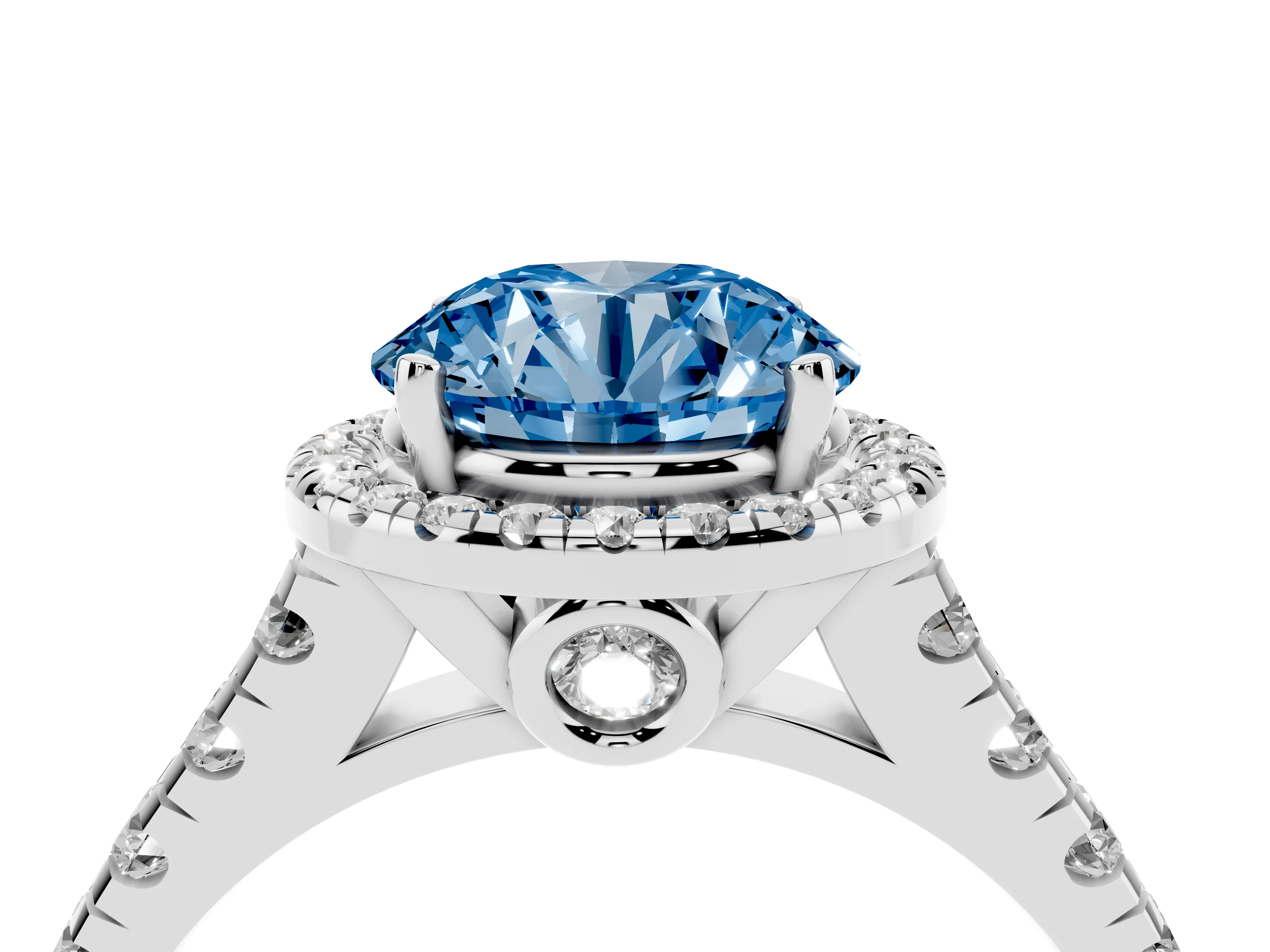 Fancy Blue Round Cut Diamond Halo Engagement Ring Set in Platinum with Pavé Band and Prong-Set Center