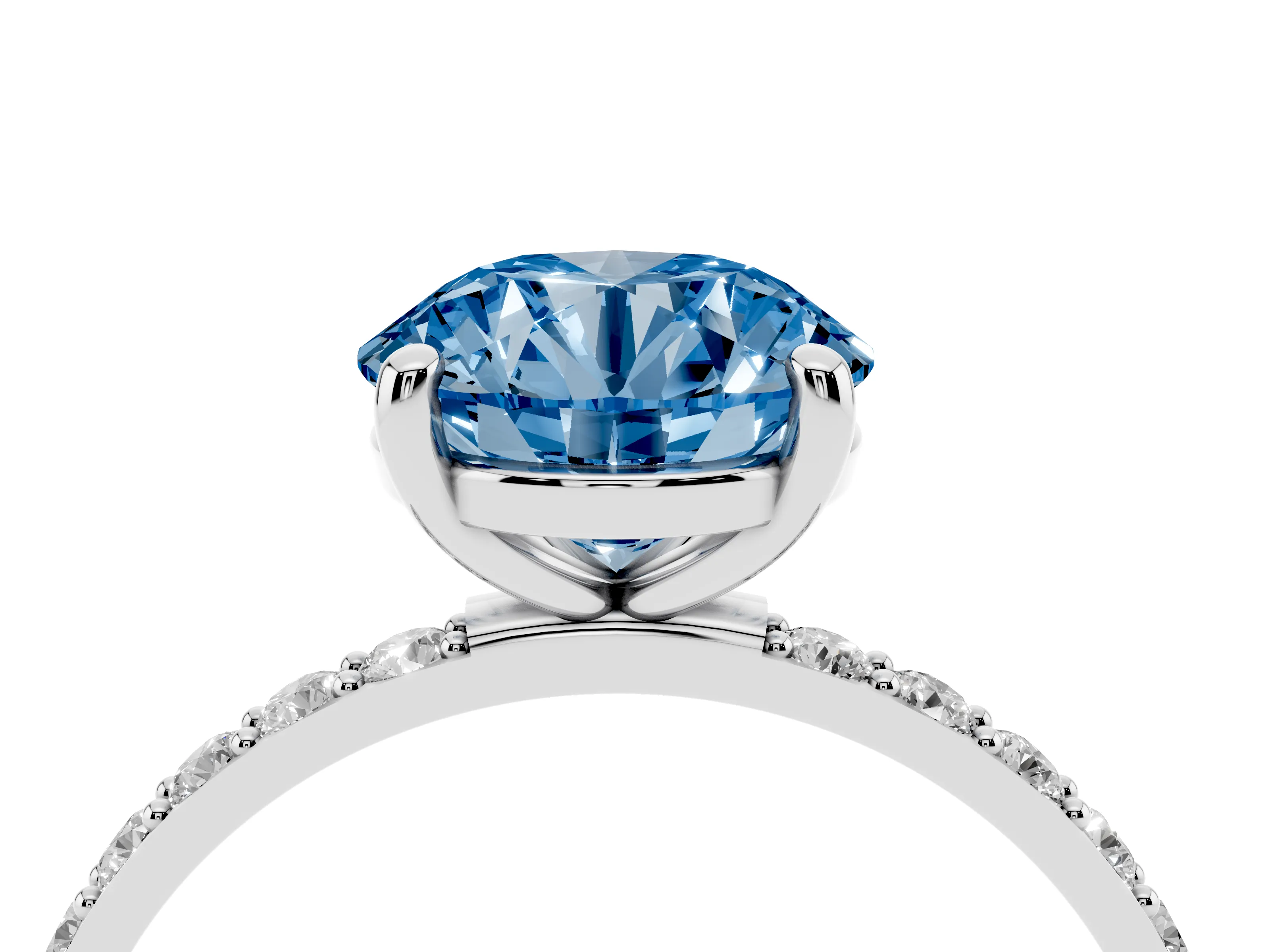 Fancy Blue Round Cut Diamond Solitaire Ring Set in Platinum with Round Pavé Band and Prong Setting