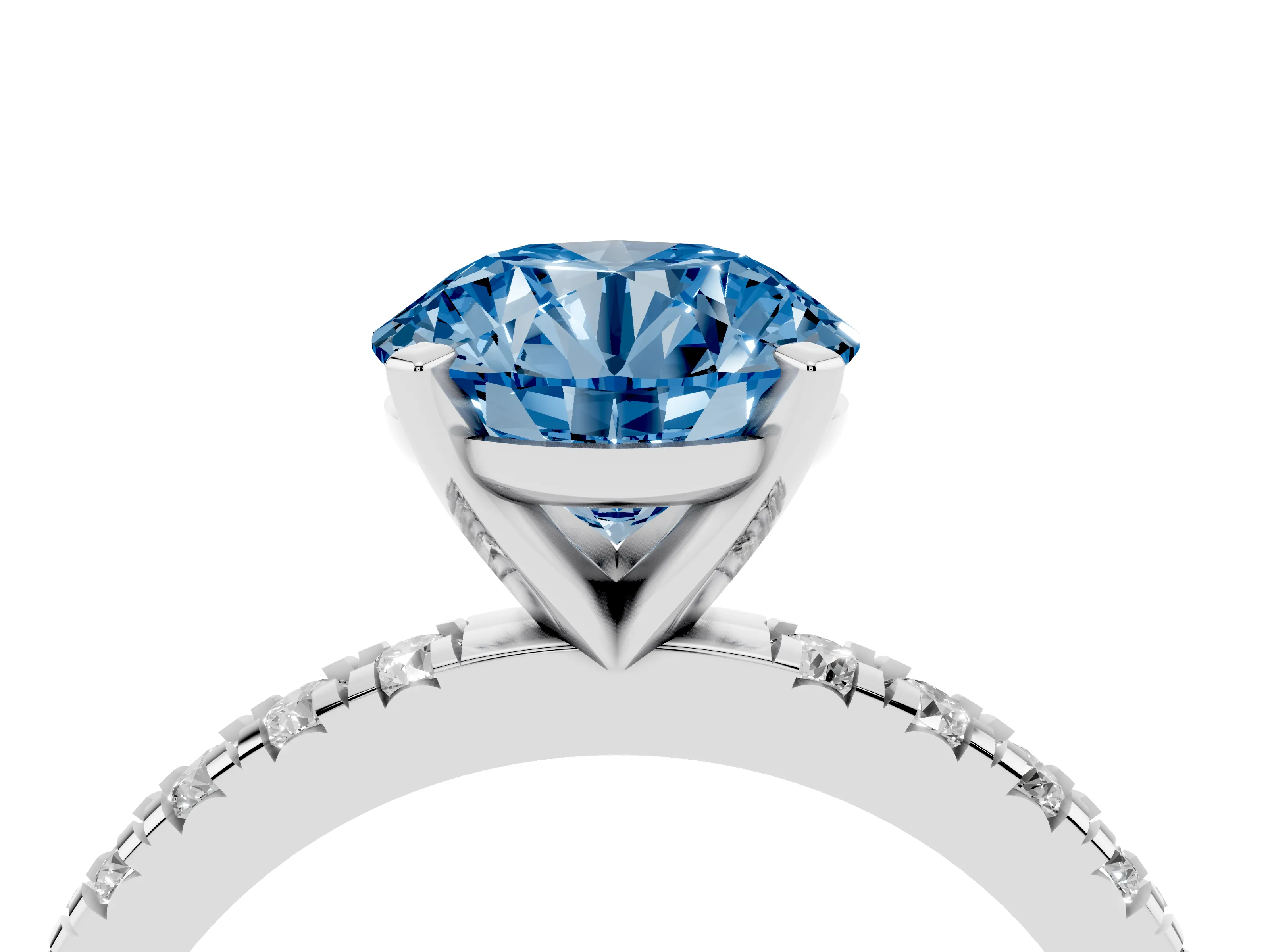 Fancy Blue Round Cut Diamond Pavé Band Solitaire Set in Platinum with Prong Setting
