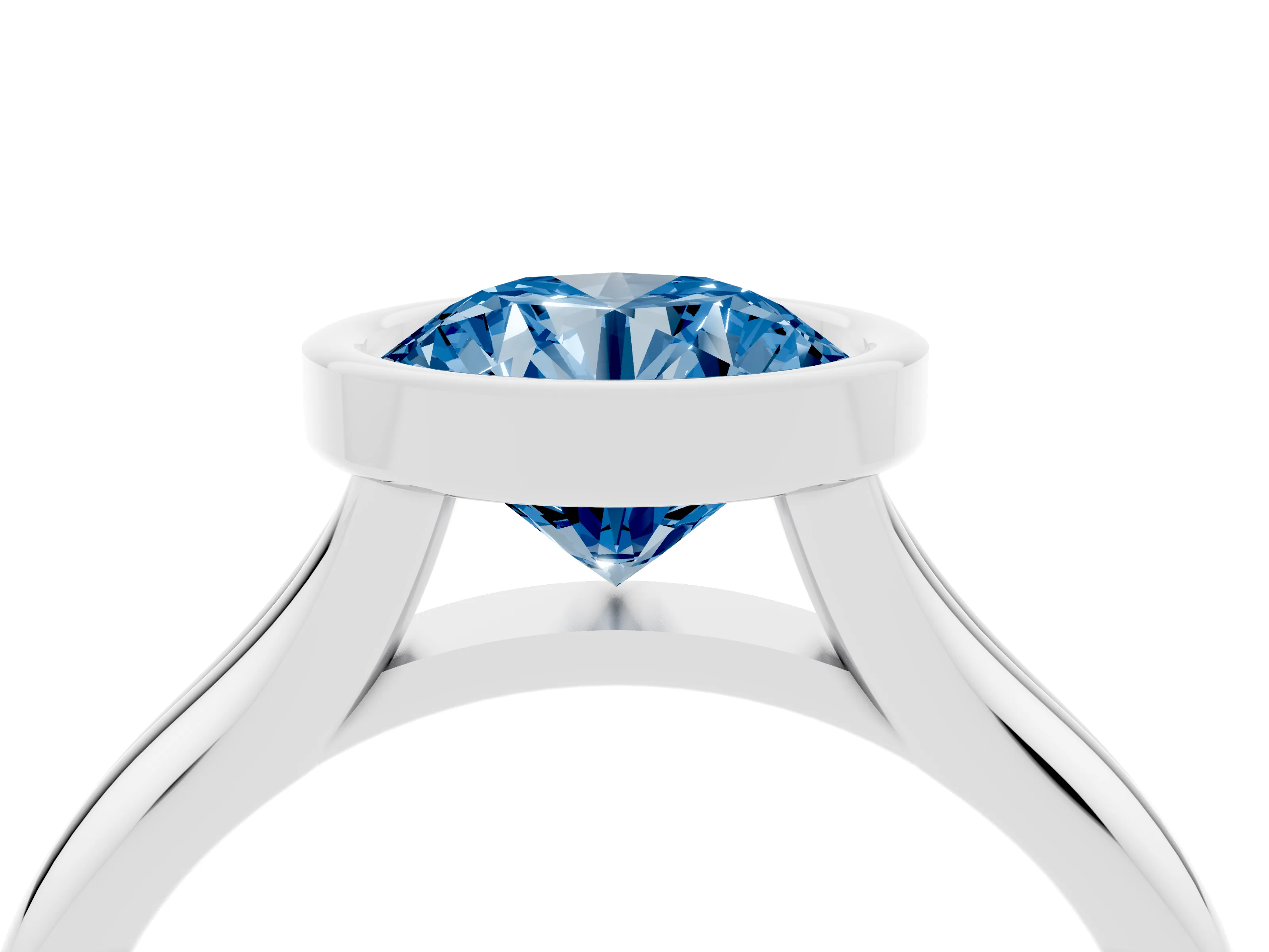 Fancy Blue Bezel Set Round Cut Diamond Solitaire Ring Set in Platinum with Smooth Band