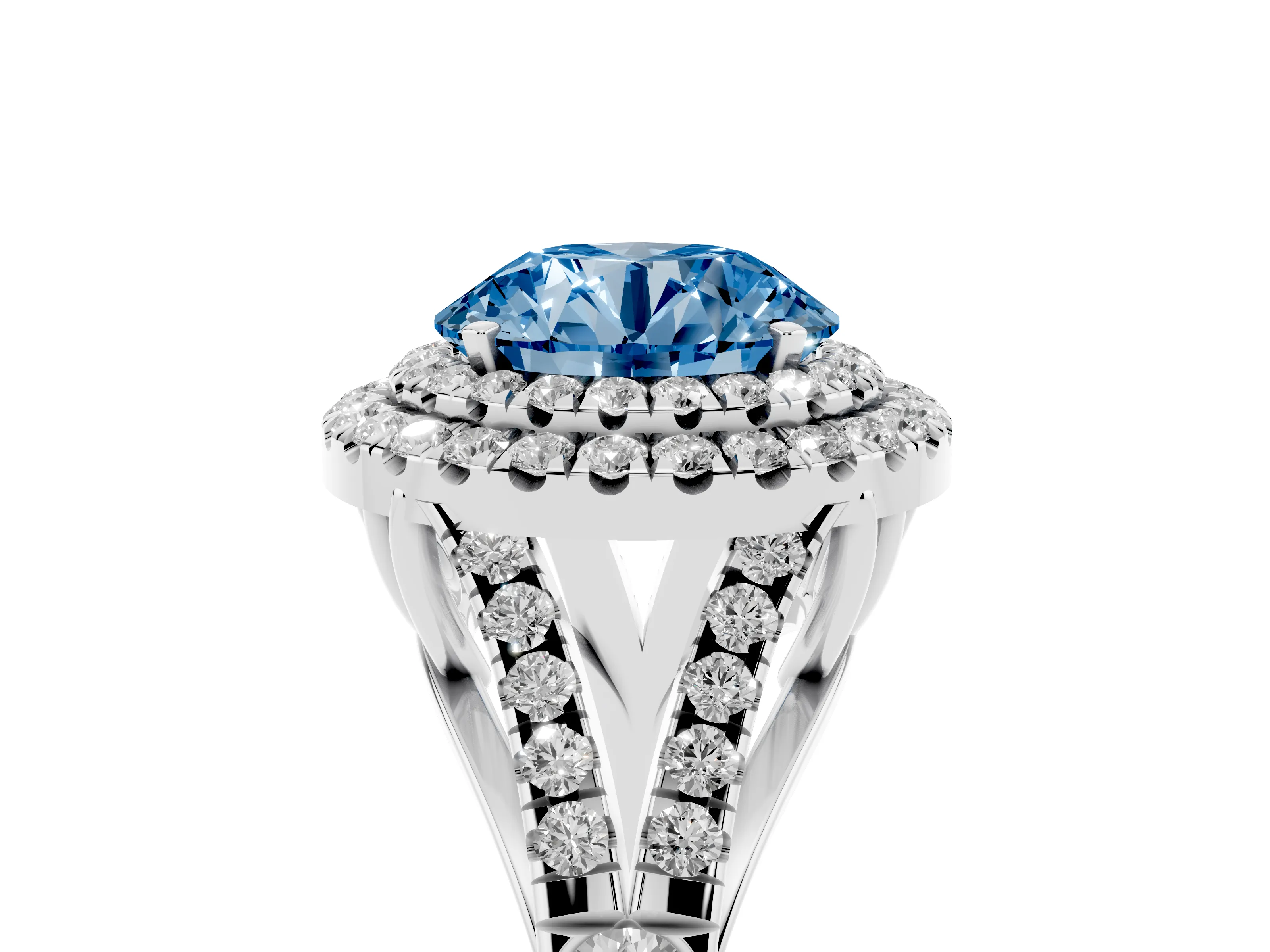 Fancy Blue Round Cut Diamond Pavé Split Shank Double Halo Engagement Ring Set in Silver