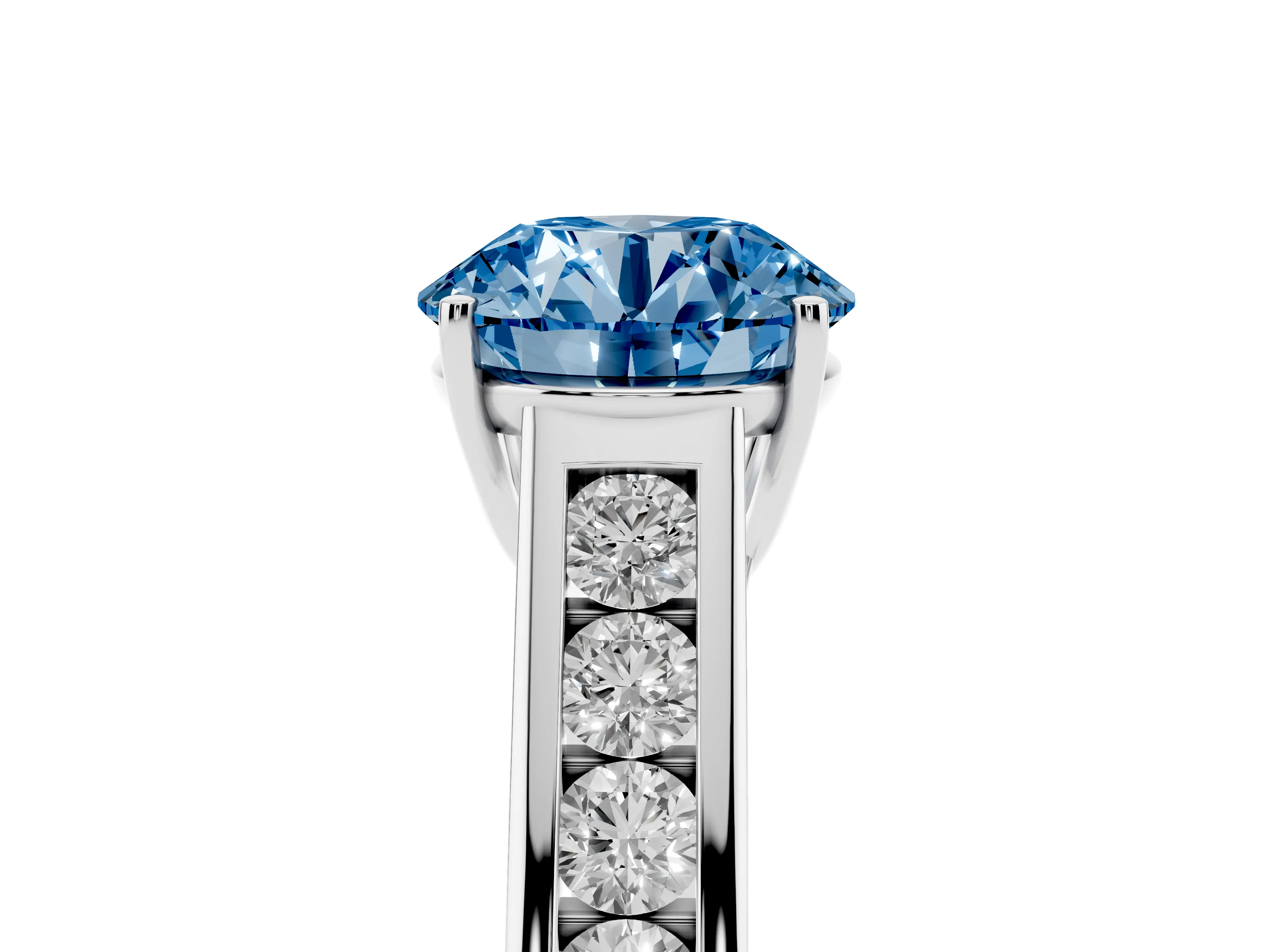 Fancy Blue Round Cut Diamond Solitaire Channel-Set Engagement Ring Set in Platinum with Prong Setting