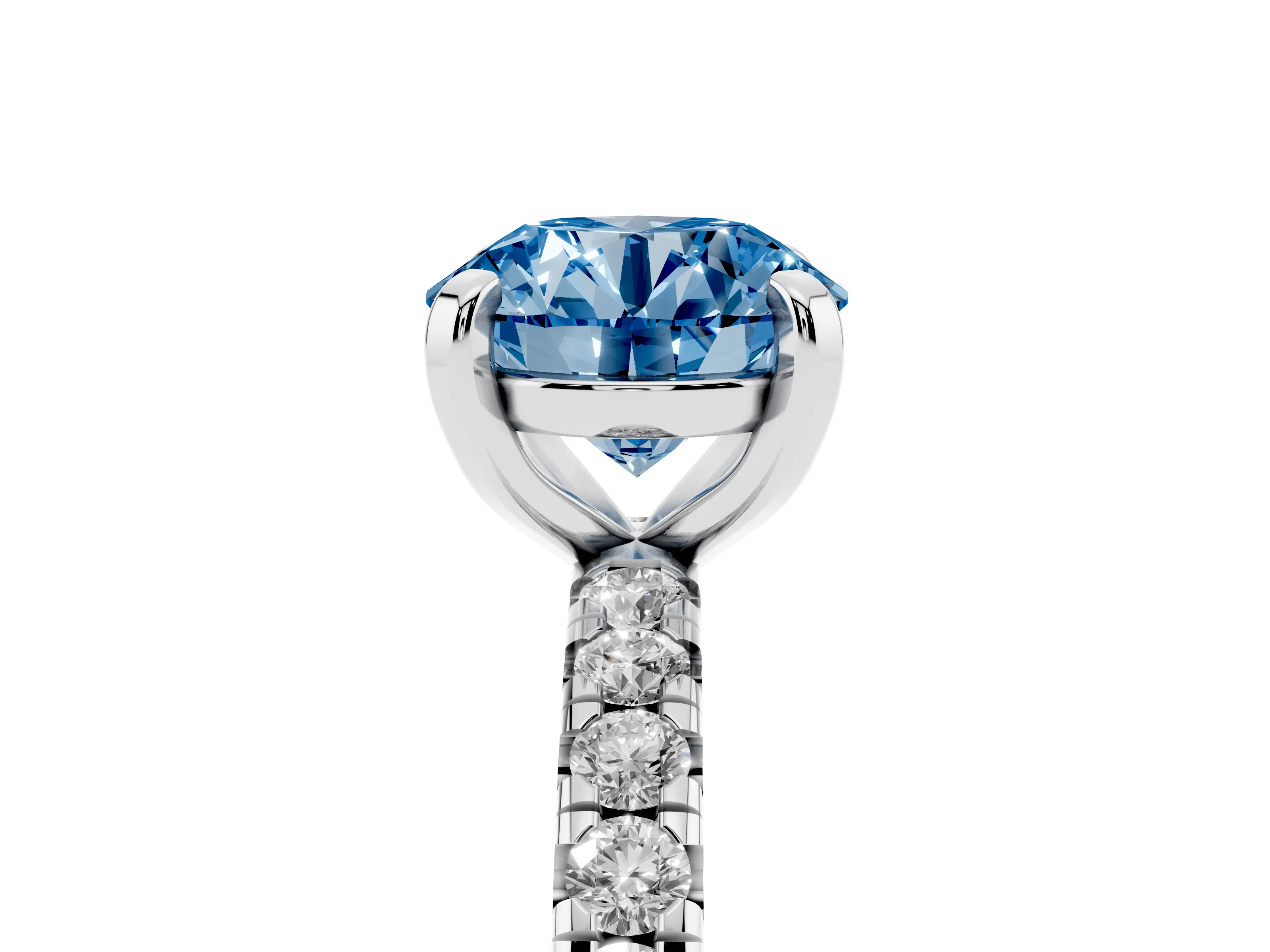 Fancy Blue Round Cut Diamond Pavé Solitaire Ring Set in White gold with Round Band and Prong Setting